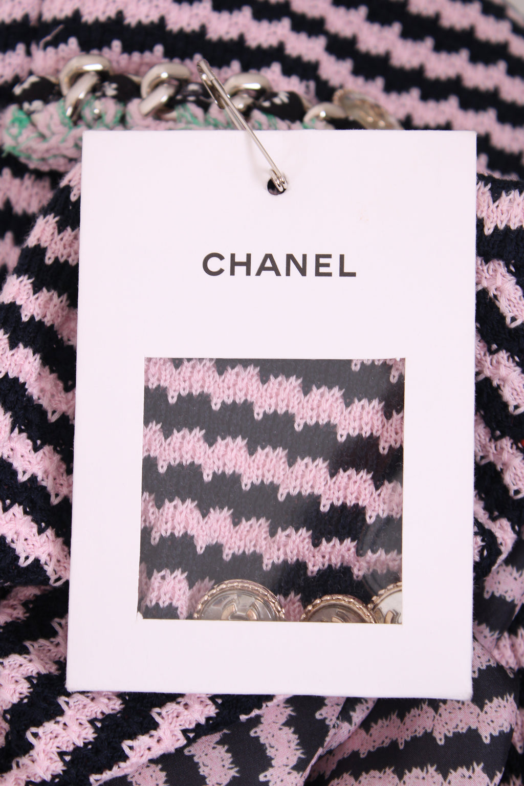 Chanel Knitted Dress with Chain Pocket Pink & Navy Stripe 38