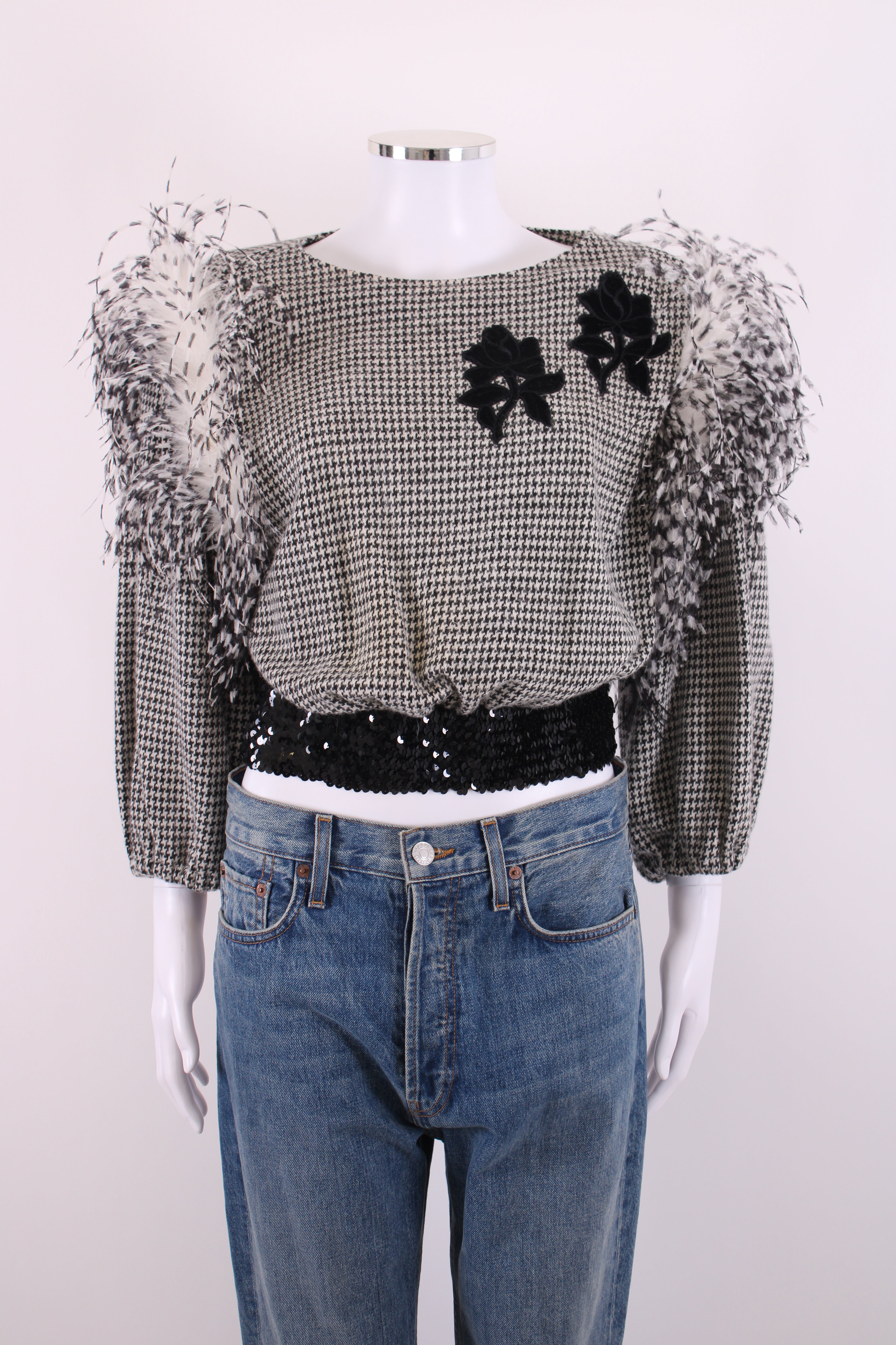 Hans Michel Mohr Cropped Feather Jumper Black & White Dogtooth M