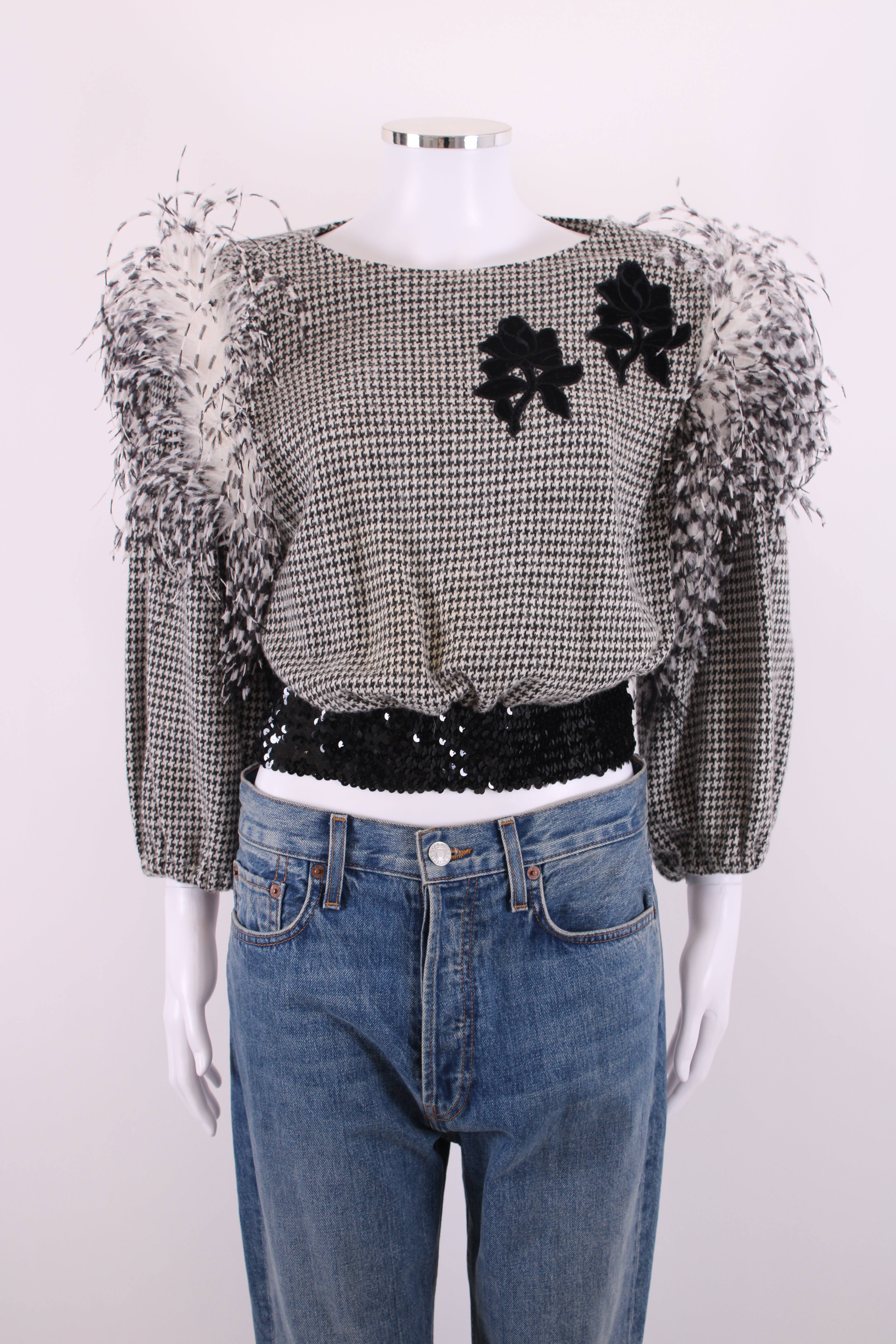 Hans Michel Mohr Cropped Feather Jumper Black & White Dogtooth M