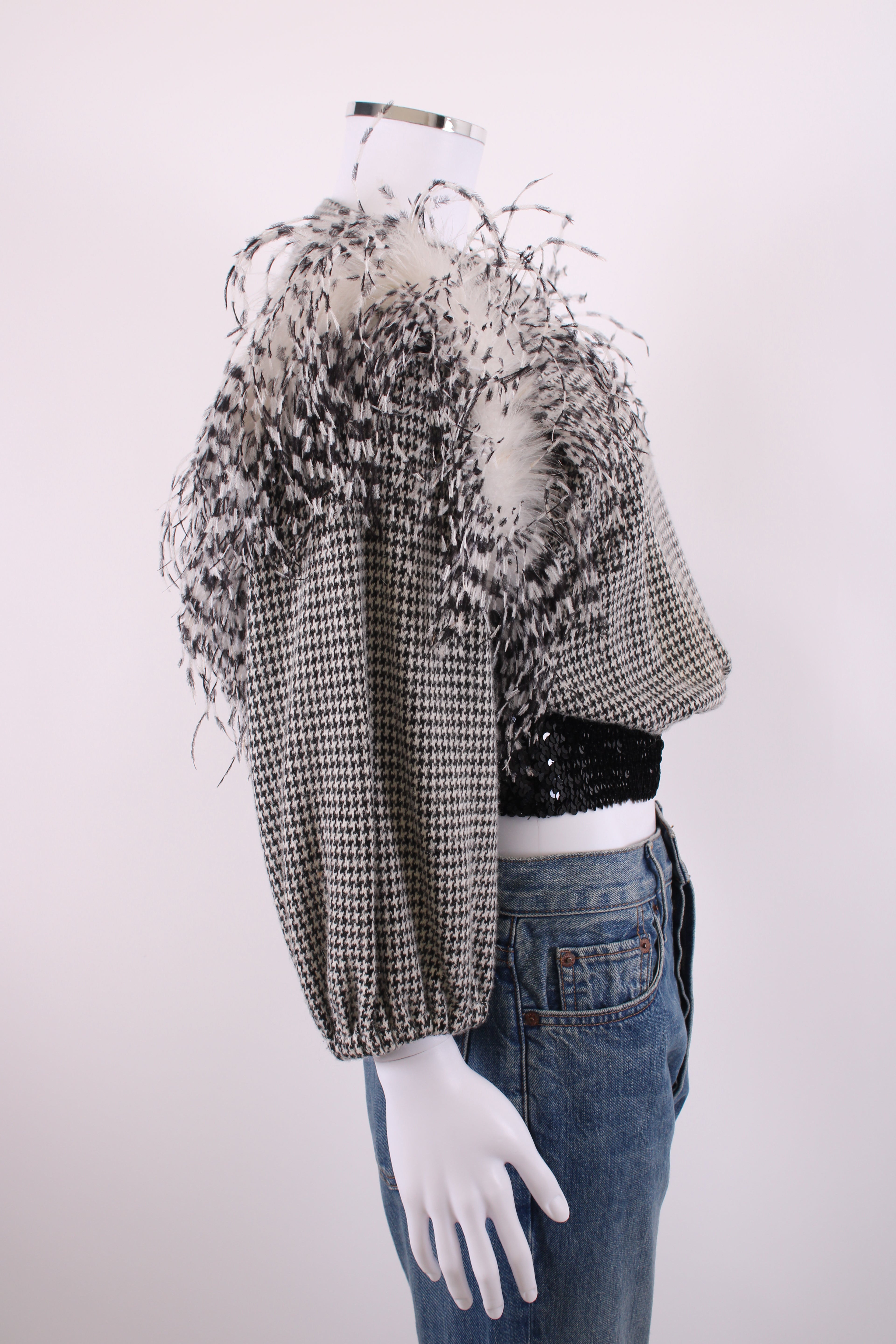 Hans Michel Mohr Cropped Feather Jumper Black & White Dogtooth M