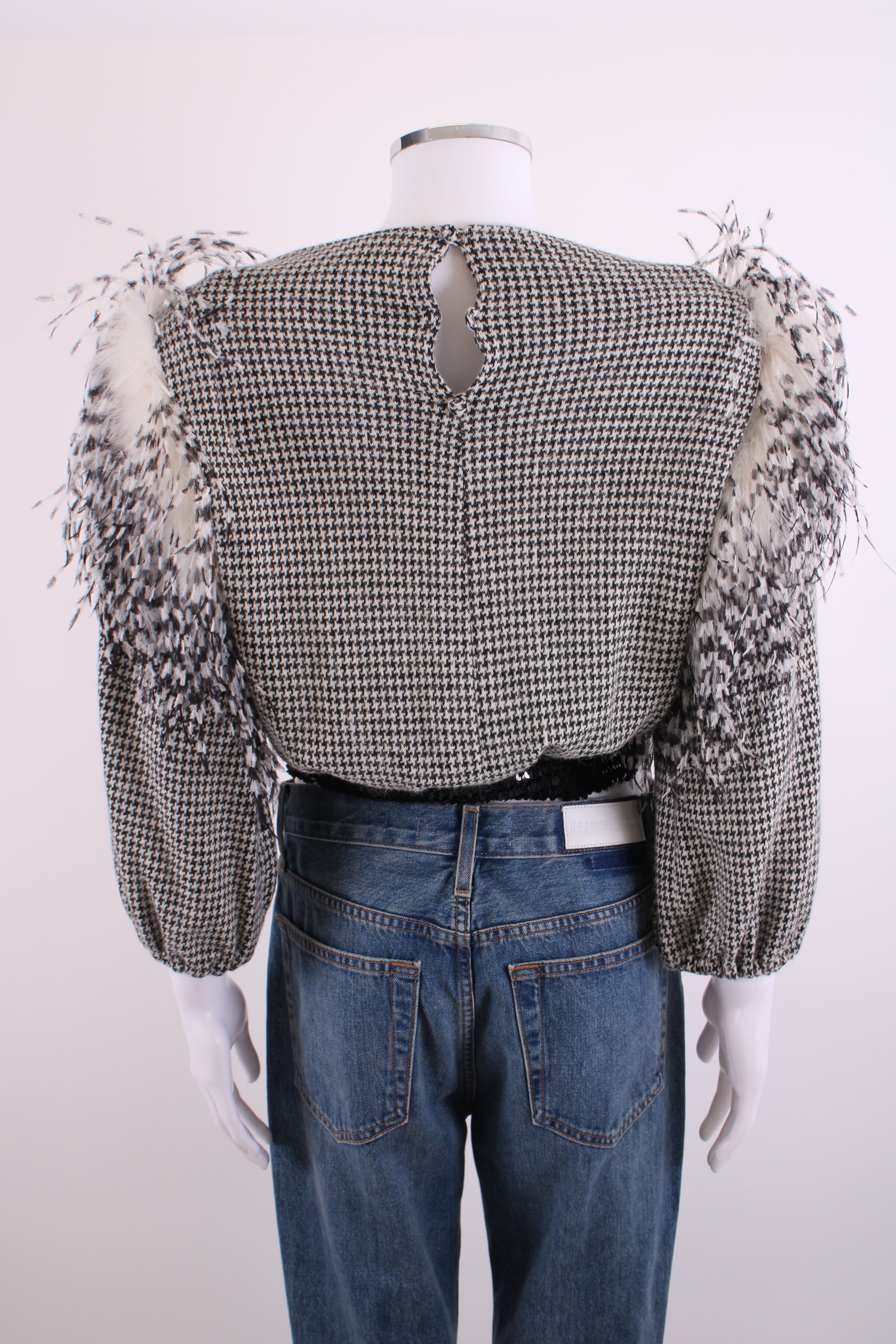 Hans Michel Mohr Cropped Feather Jumper Black & White Dogtooth M