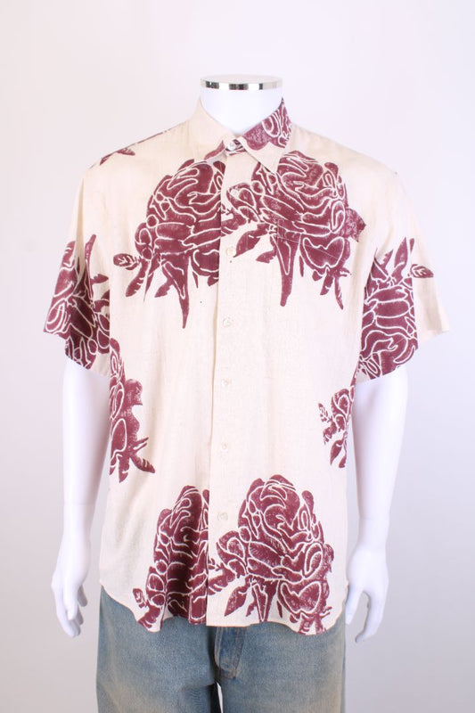 Plumo Studio S/S Leaf Print Shirt Beige/ Burgundy M