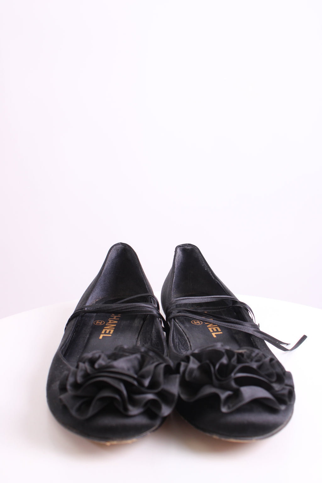 Chanel CC Ruffle Camellia Ballet Flats Black 38