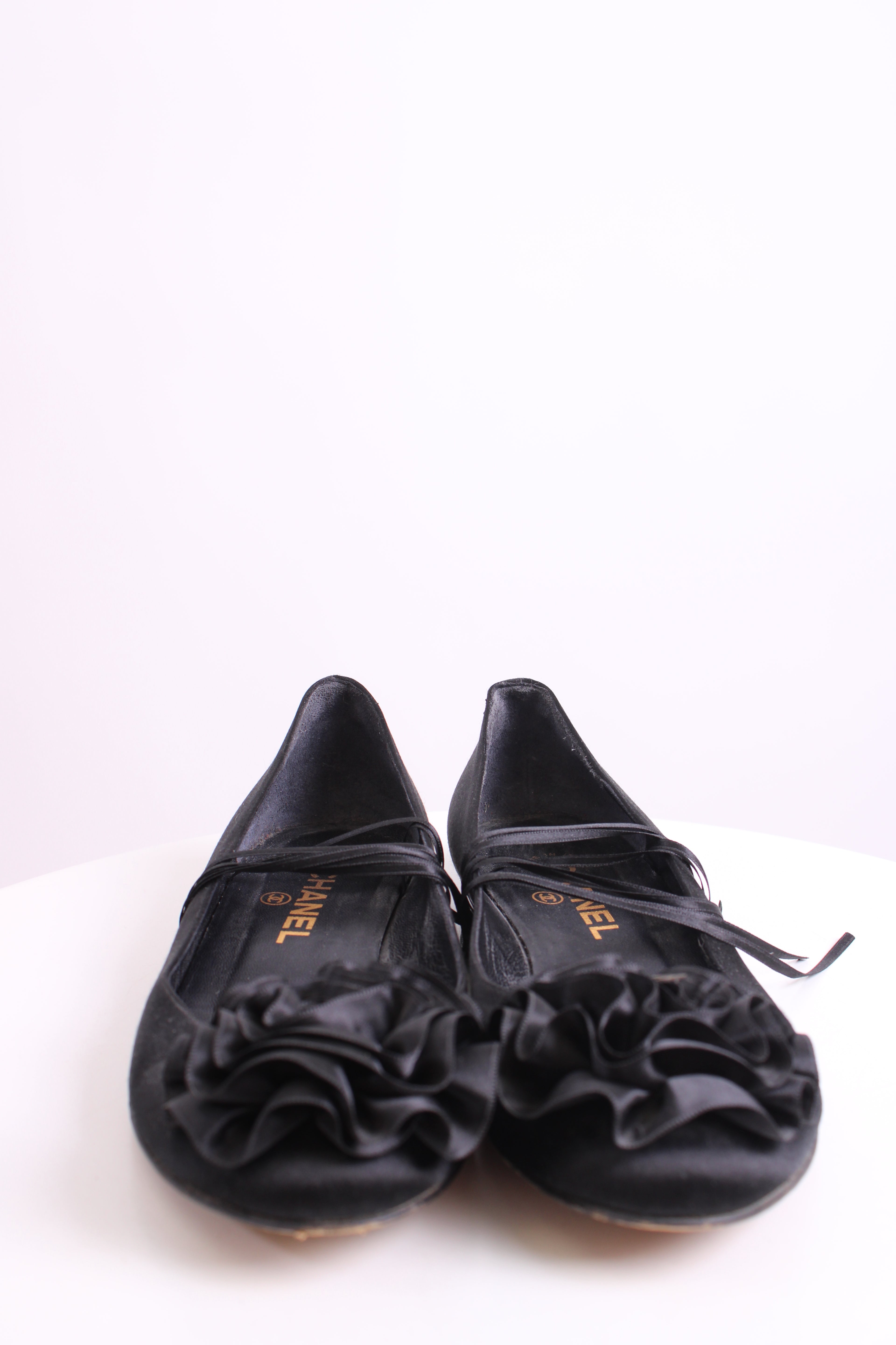 Chanel CC Ruffle Camellia Ballet Flats Black 38
