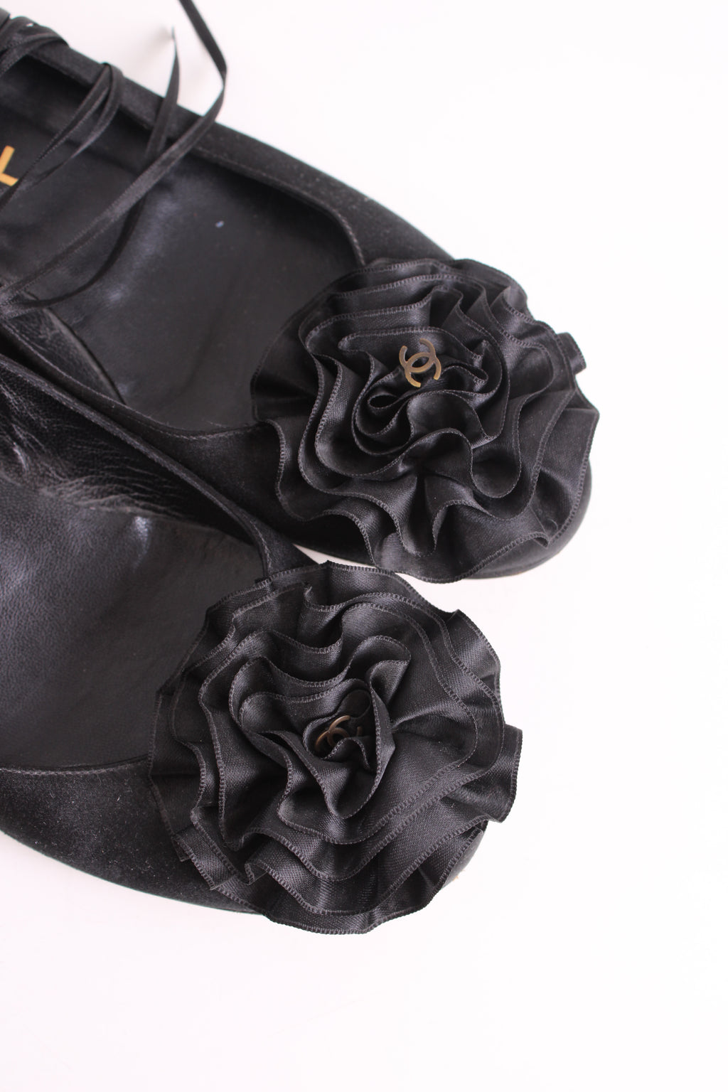 Chanel CC Ruffle Camellia Ballet Flats Black 38