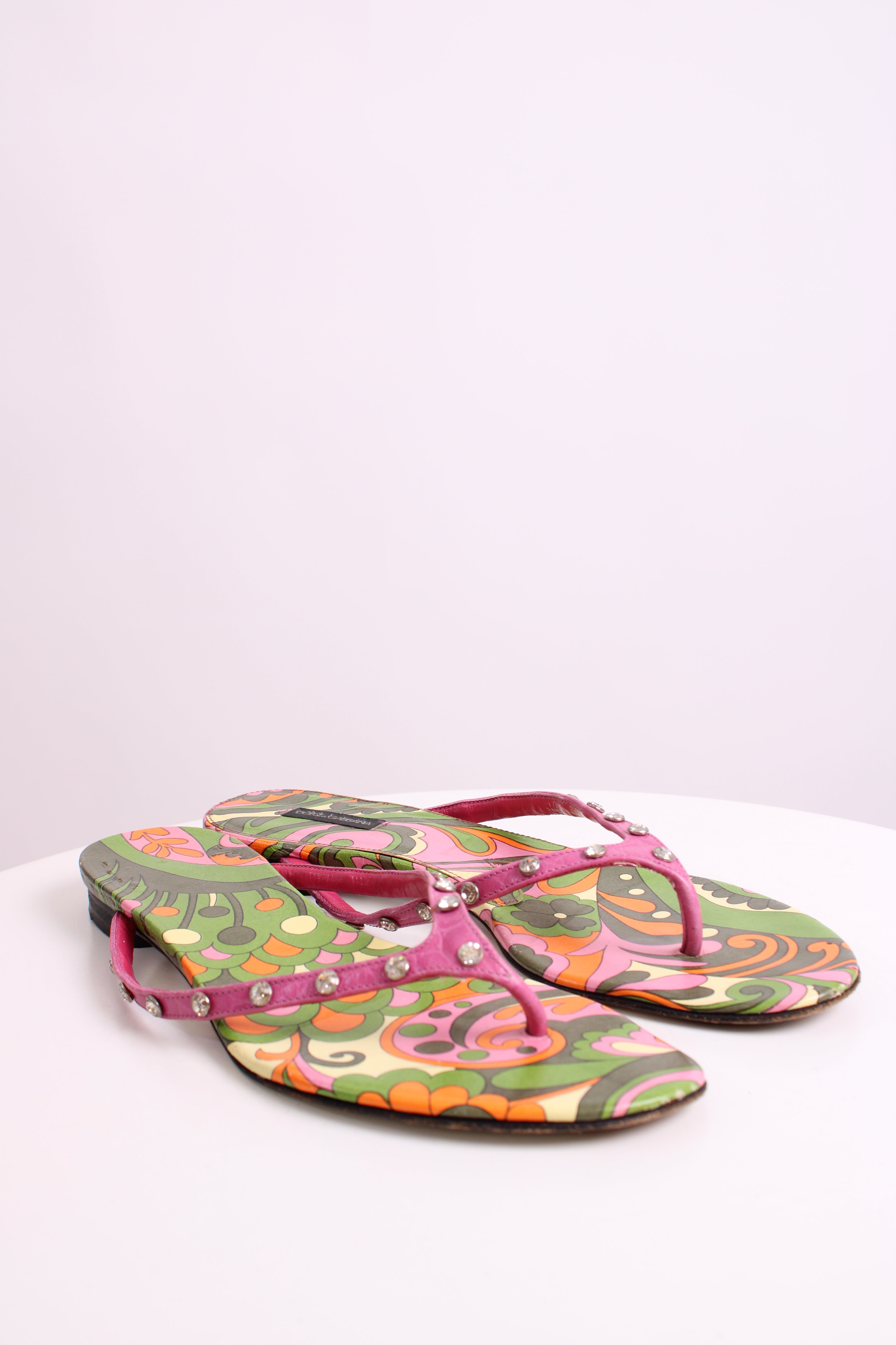 Dolce & Gabbana Crystal Detail Print Sandals Pink/ Green 39.5