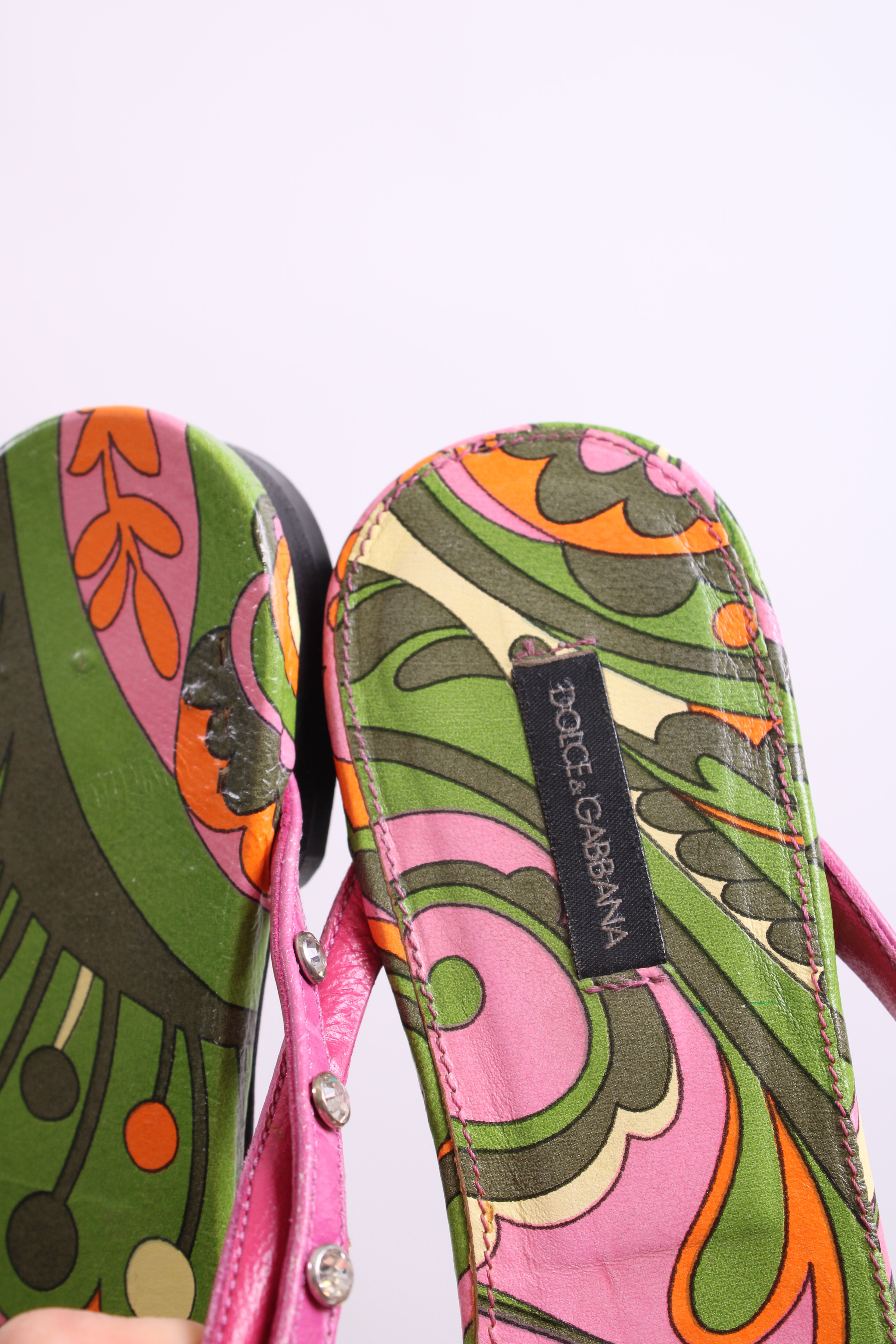 Dolce & Gabbana Crystal Detail Print Sandals Pink/ Green 39.5