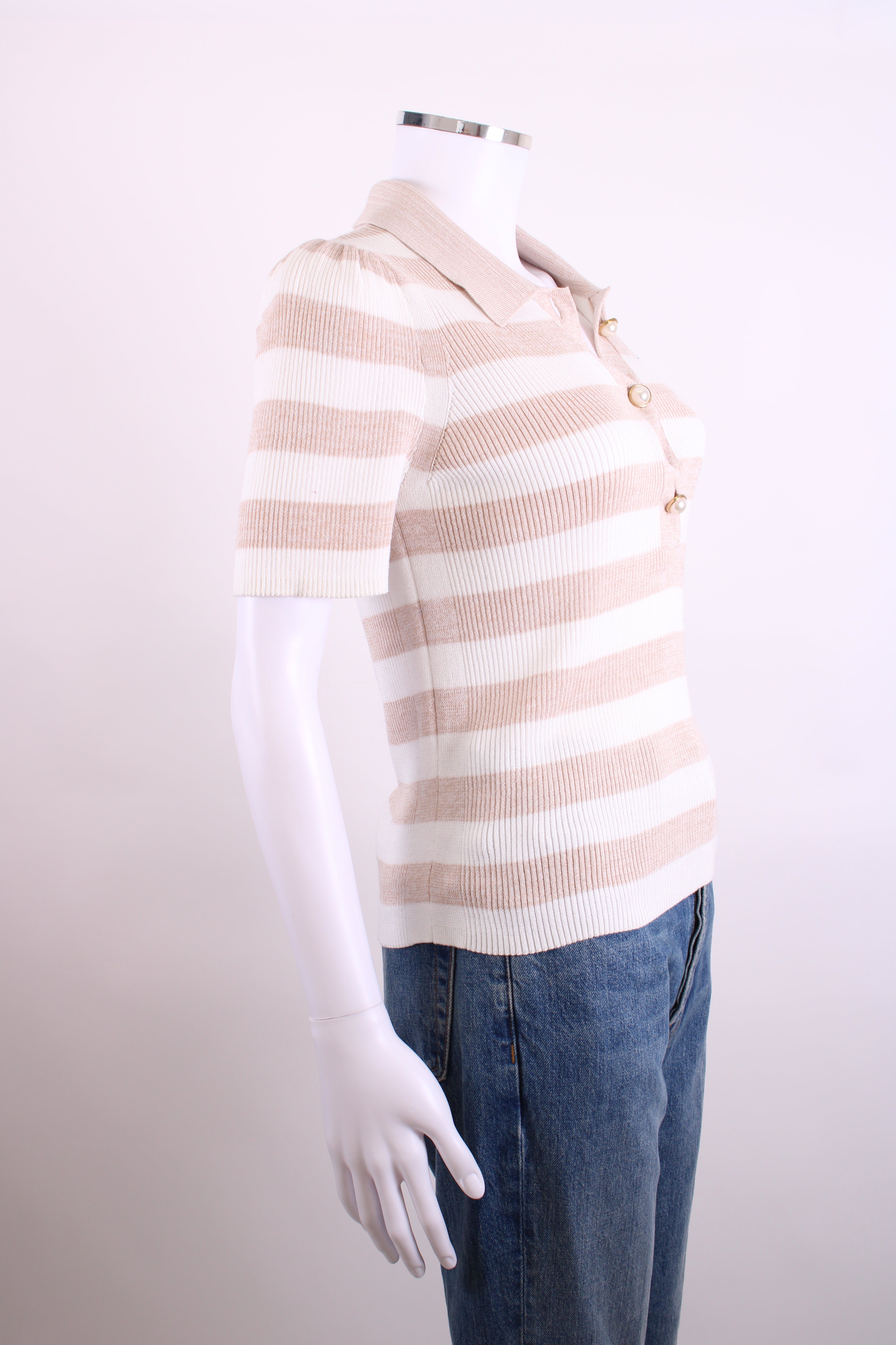 ME+EM S/S Stripe Rib Polo Top Beige/ Cream S