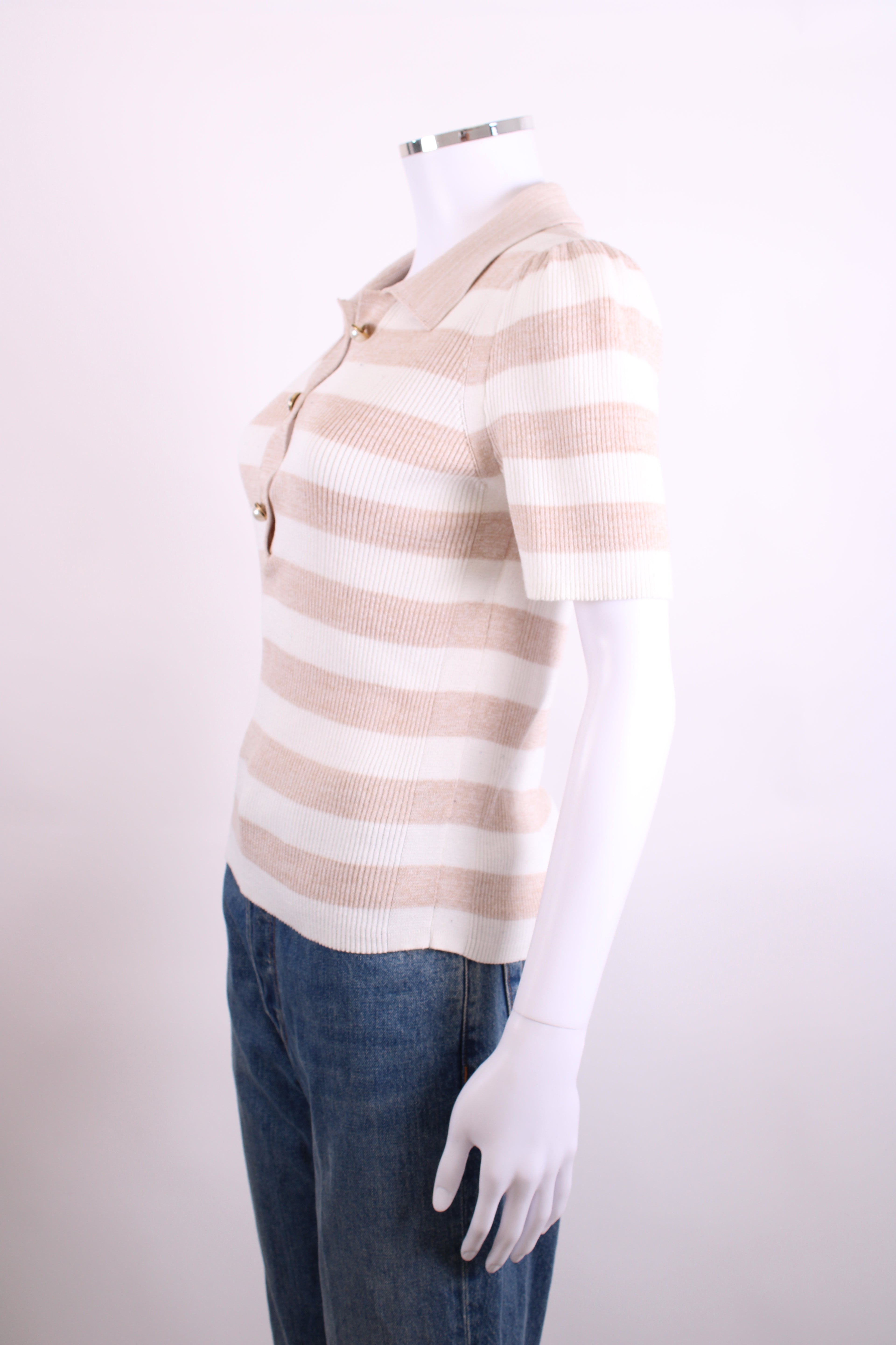 ME+EM S/S Stripe Rib Polo Top Beige/ Cream S