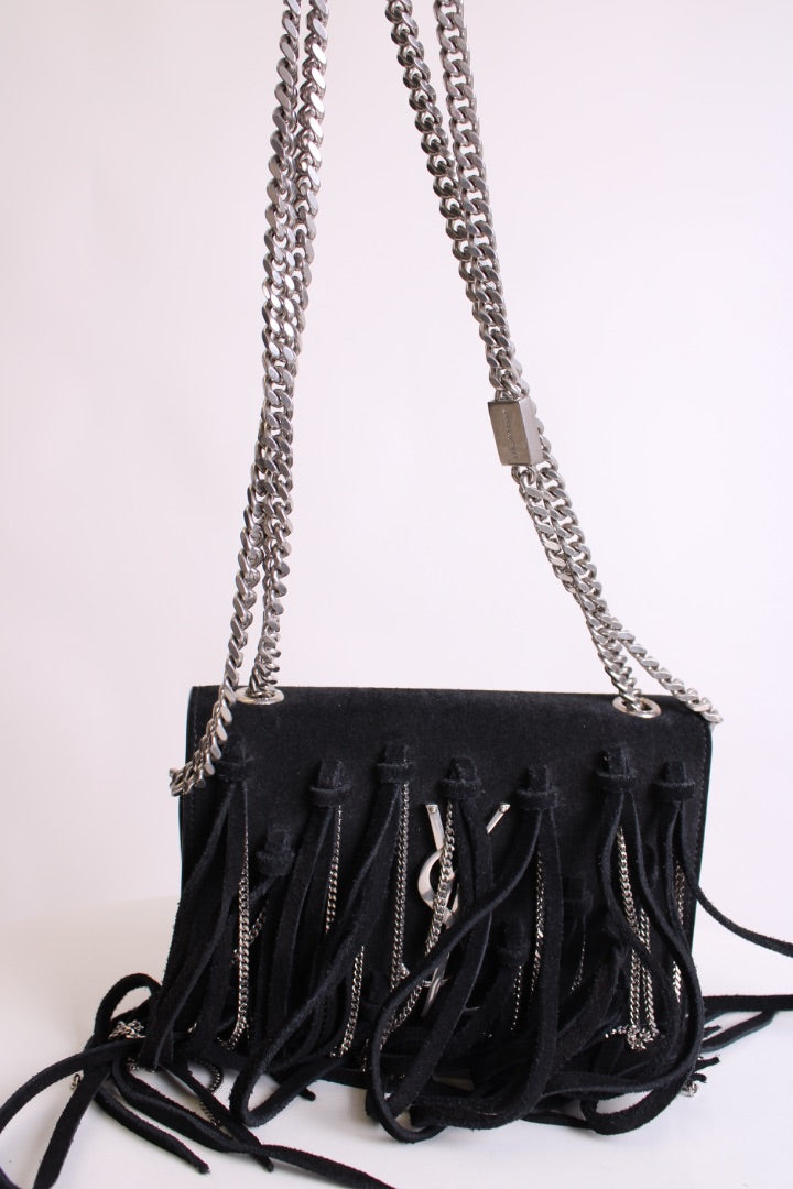 Black/ Silver Saint Laurent Fringe/ Chain Bag