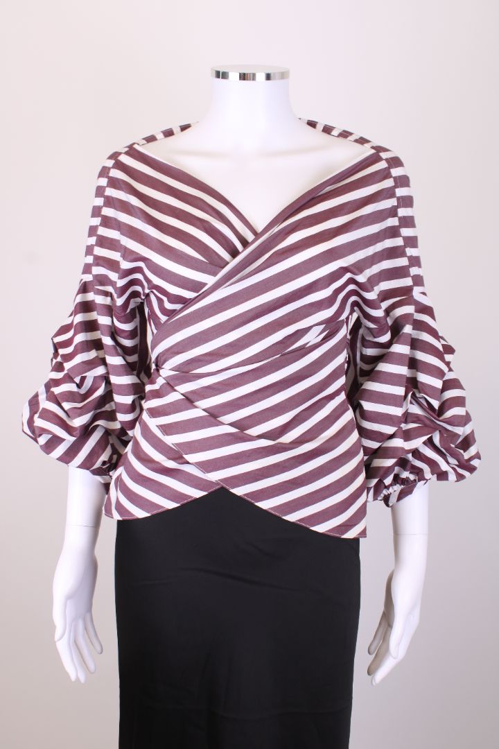 Johanna Ortiz S/S Stripe Wrap Blouse Burgundy/ White 10