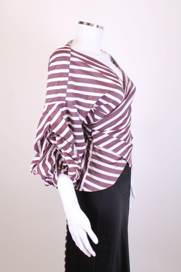 Johanna Ortiz S/S Stripe Wrap Blouse Burgundy/ White 10