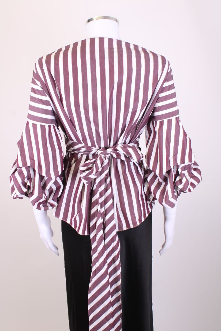 Johanna Ortiz S/S Stripe Wrap Blouse Burgundy/ White 10