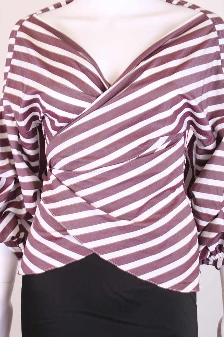 Johanna Ortiz S/S Stripe Wrap Blouse Burgundy/ White 10