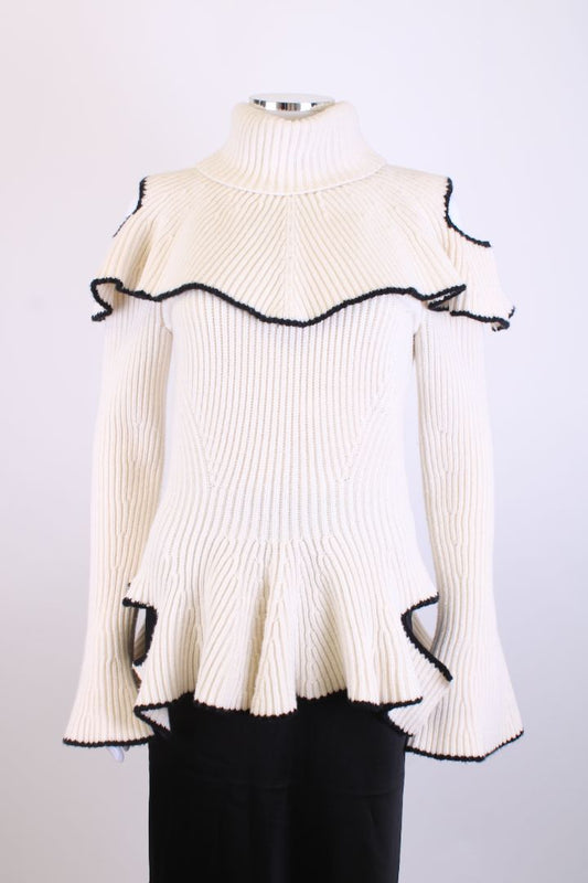 Alexander McQueen L/S Cold Shoulder Ribbed Jumper Cream/ Black L