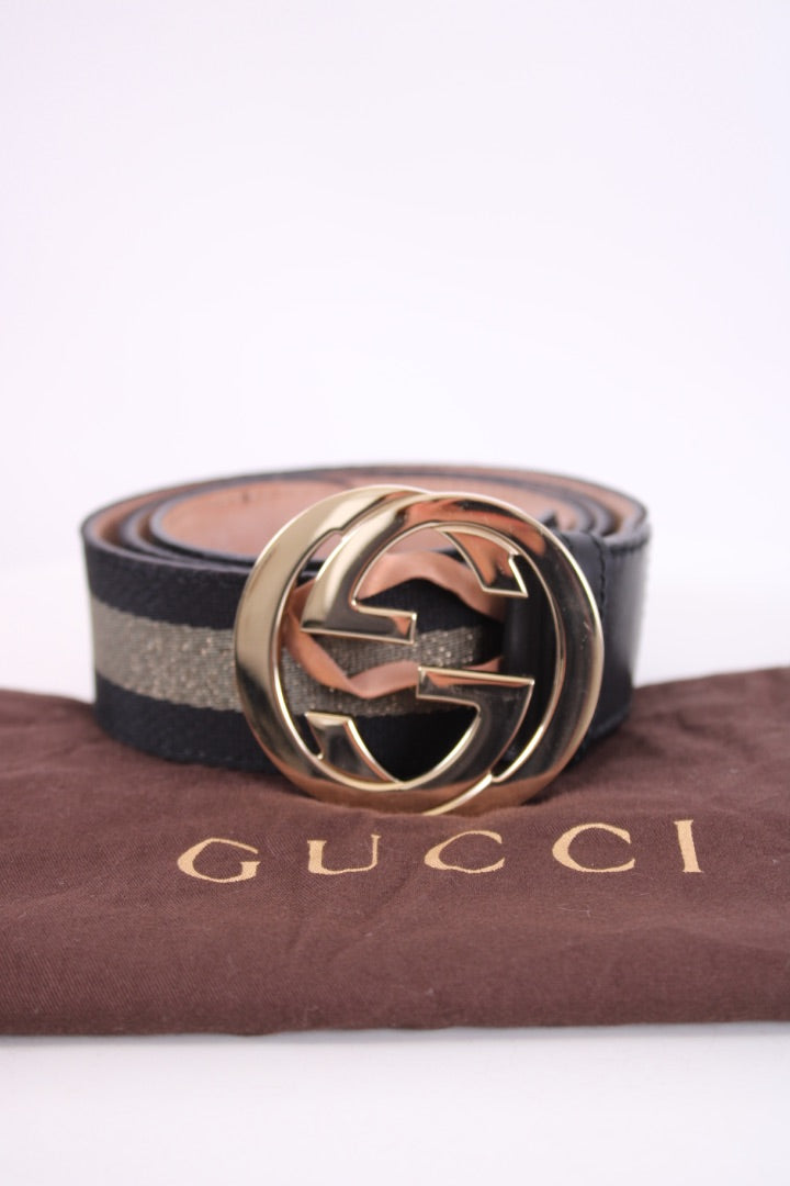 Gucci Interlocking GG Stripe Belt Black/Gold 85.34