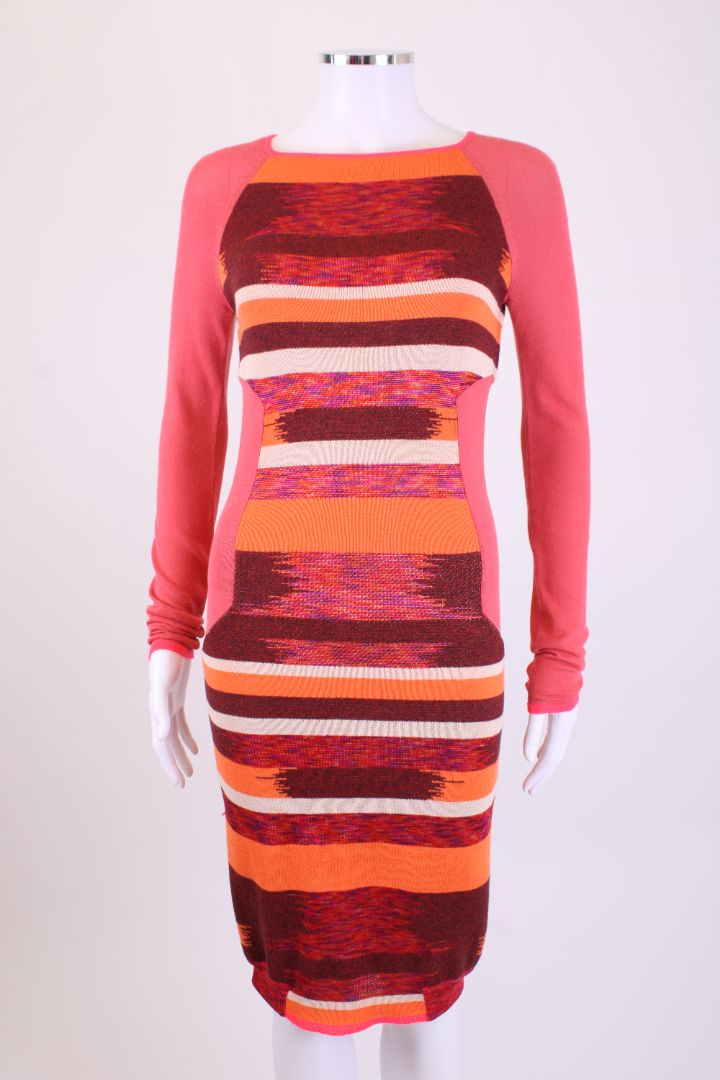 Matthew Williamson L/S Stripe Knit Dress Coral/ Brown 8