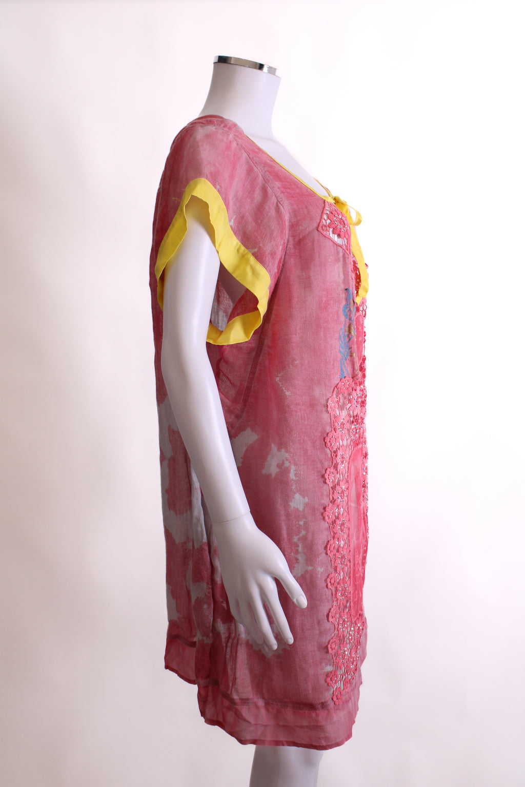 Maurizio Embroidered/ glitter cover up dress pink/yellow trim L