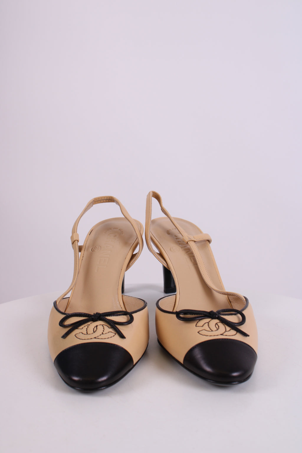 Chanel Slingback CC Bow Heels Beige/ Black 37.5