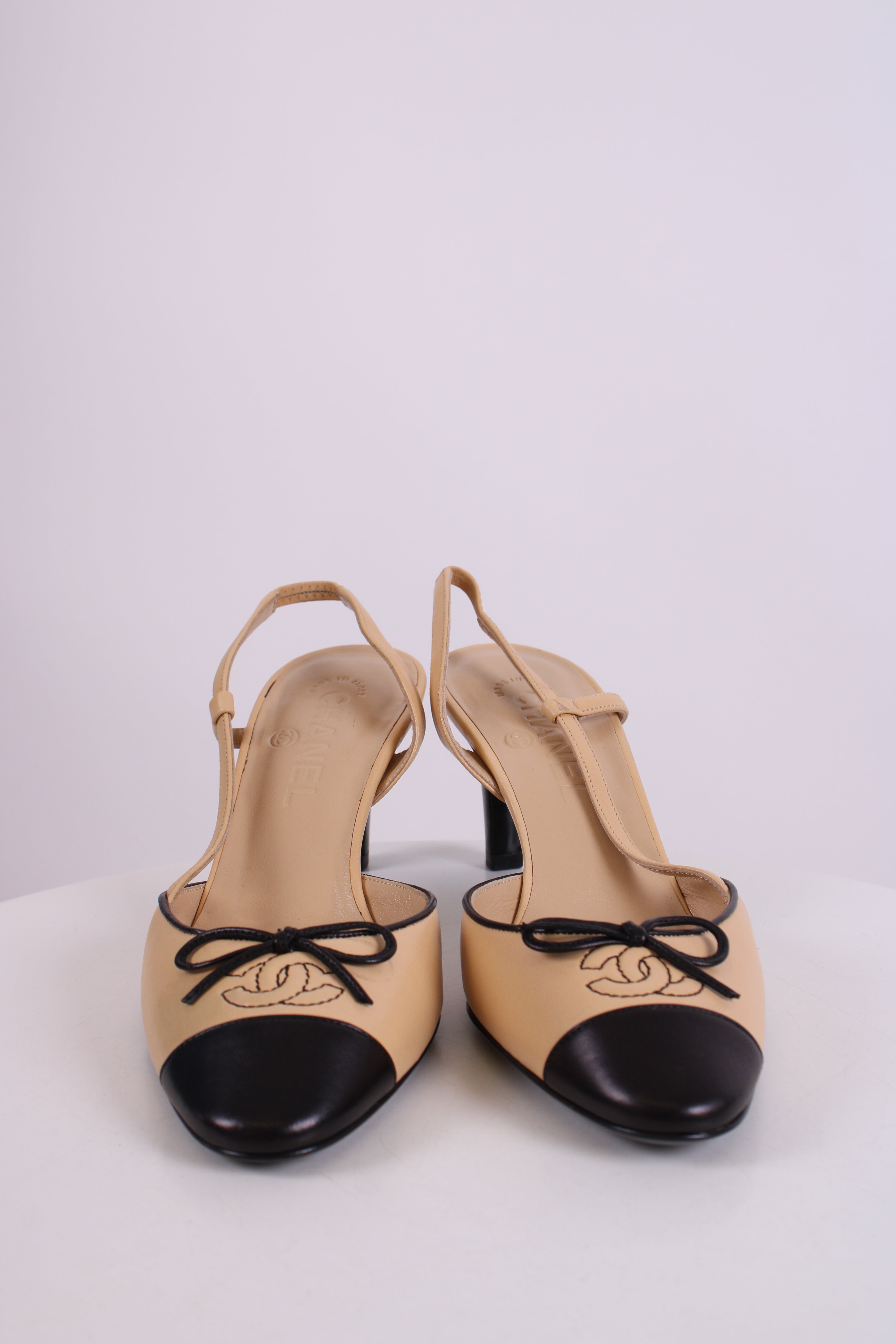 Chanel Slingback CC Bow Heels Beige/ Black 37.5