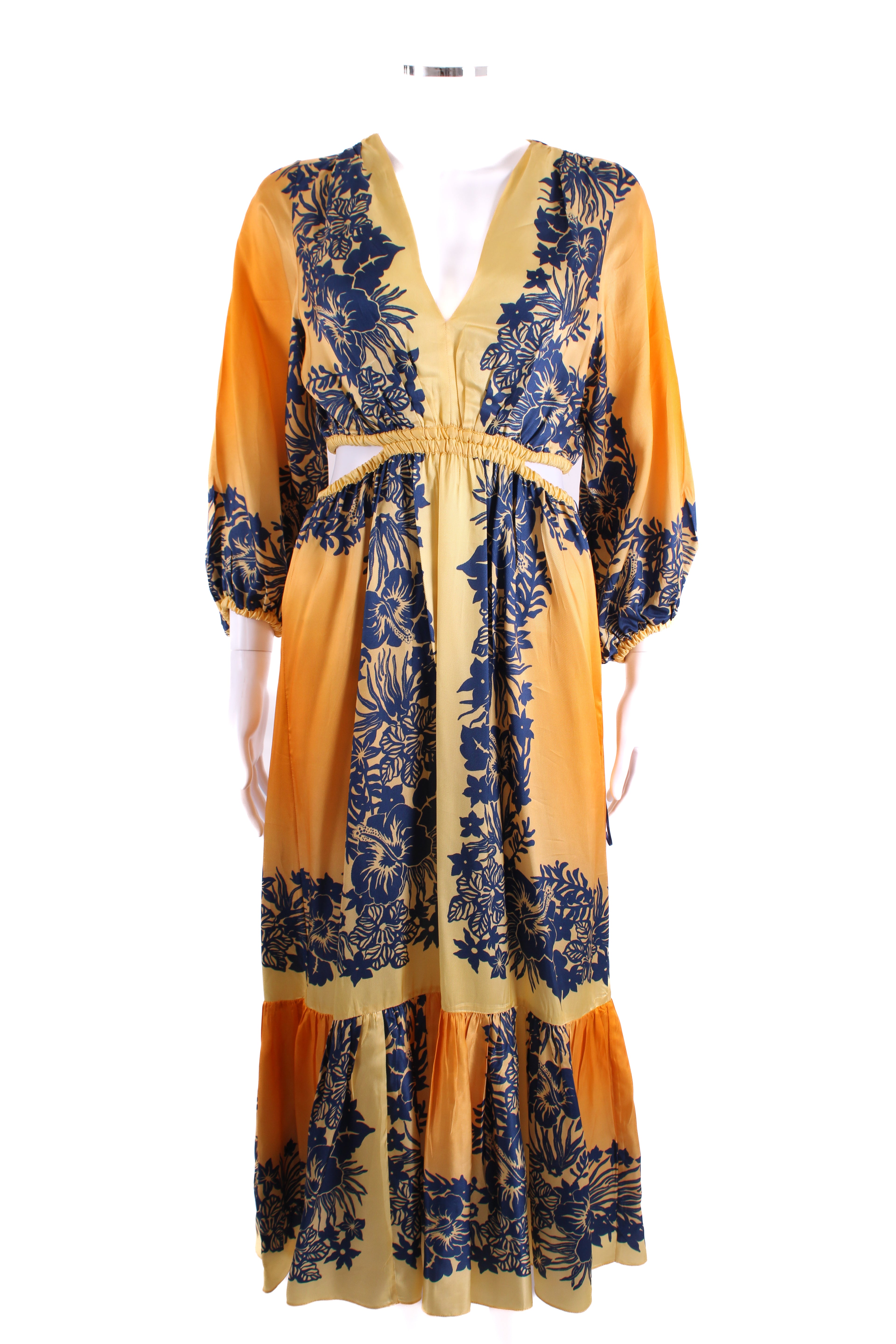 Sandro L/S Floral Cut Out Dress Yellow/ Navy 6