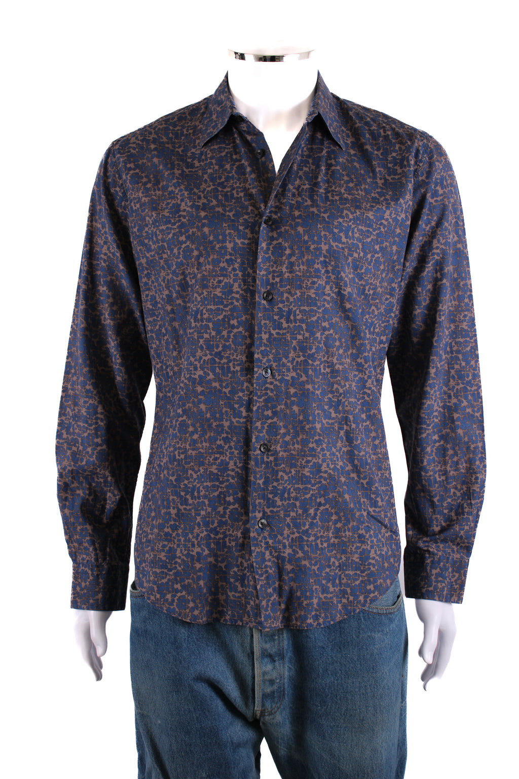 Hermes L/S Print Shirt Blue/ Grey 15.5/ 39