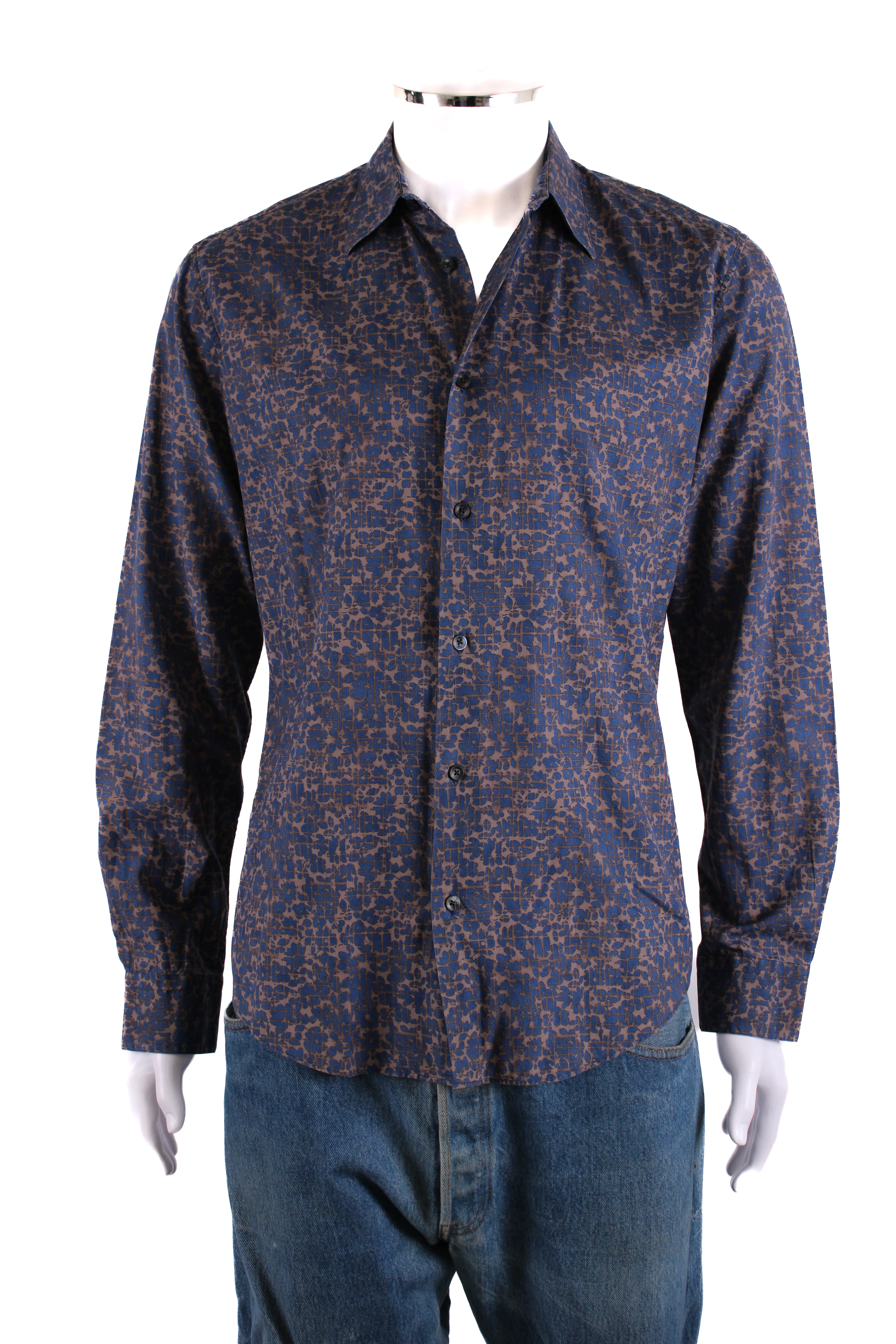 Hermes L/S Print Shirt Blue/ Grey 15.5/ 39