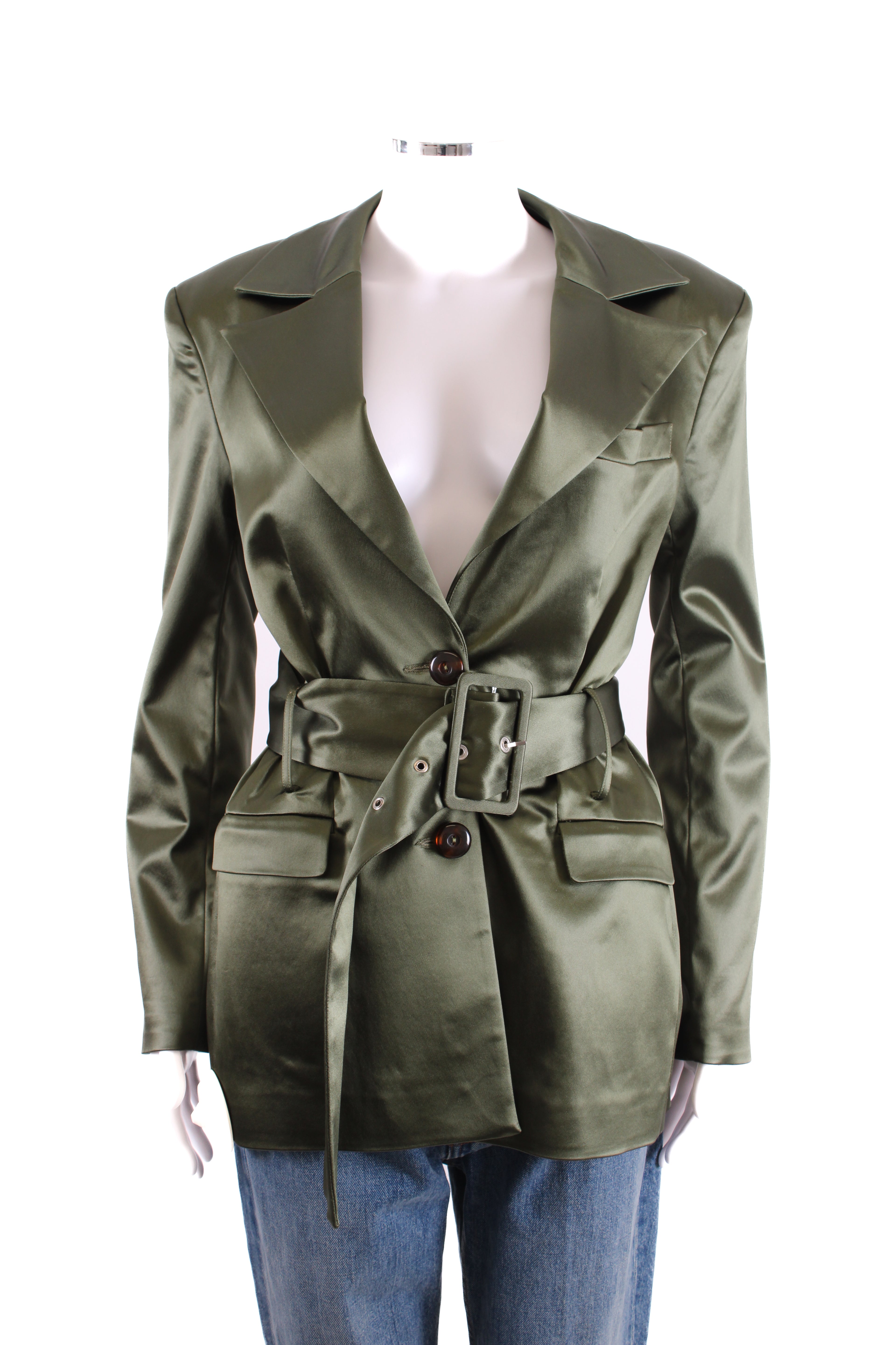 DE LA VALI Belted Blazer Jacket Green 10