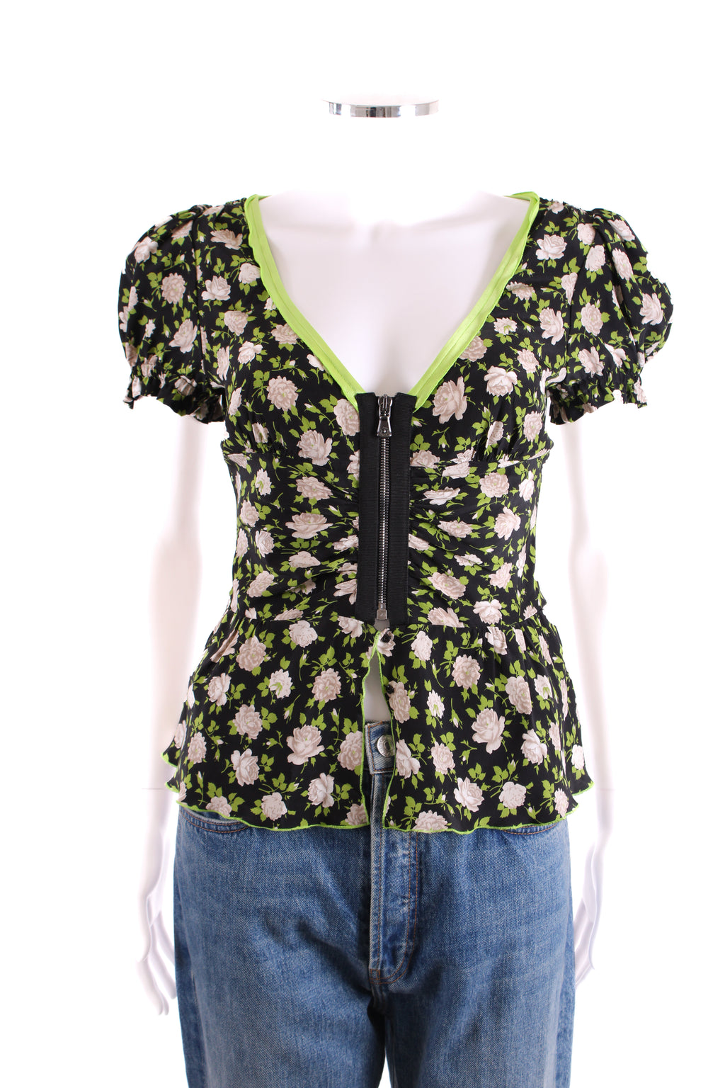 Dolce & Gabbana S/S Floral Half Zip Blouse Black/ Lime Green S