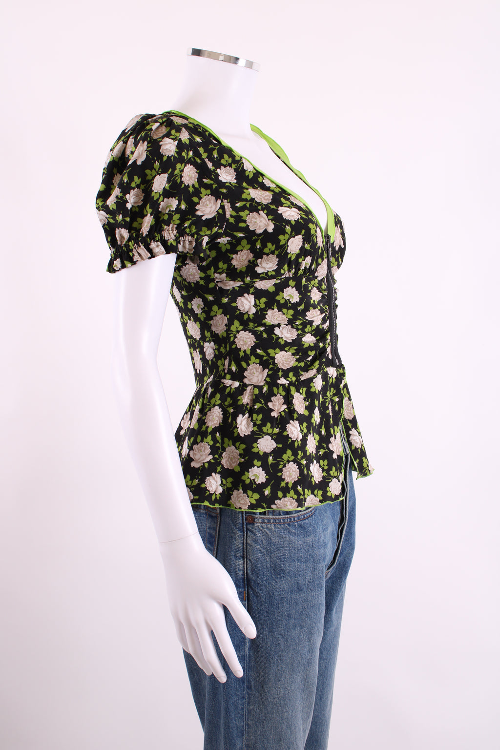 Dolce & Gabbana S/S Floral Half Zip Blouse Black/ Lime Green S