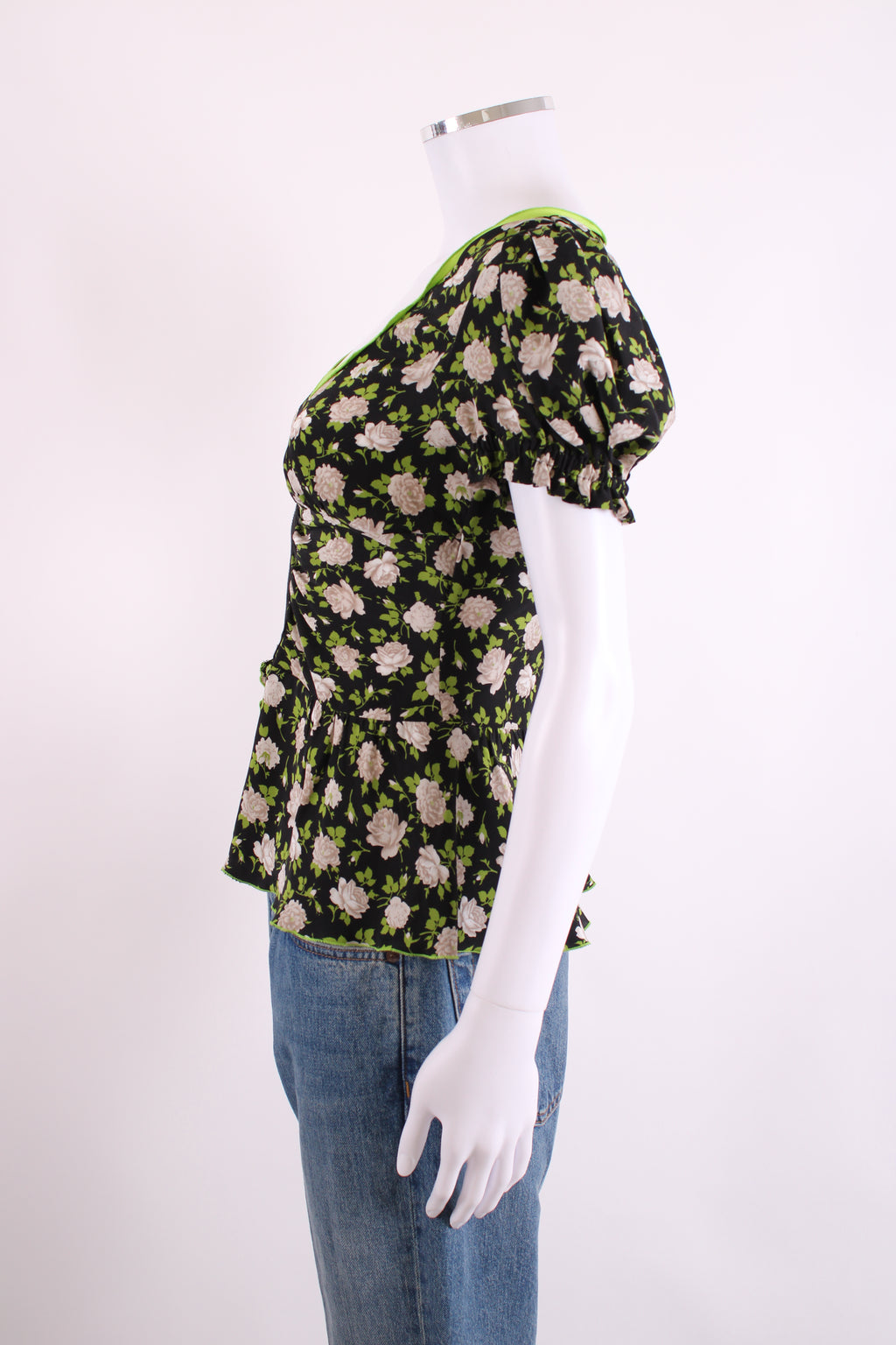 Dolce & Gabbana S/S Floral Half Zip Blouse Black/ Lime Green S