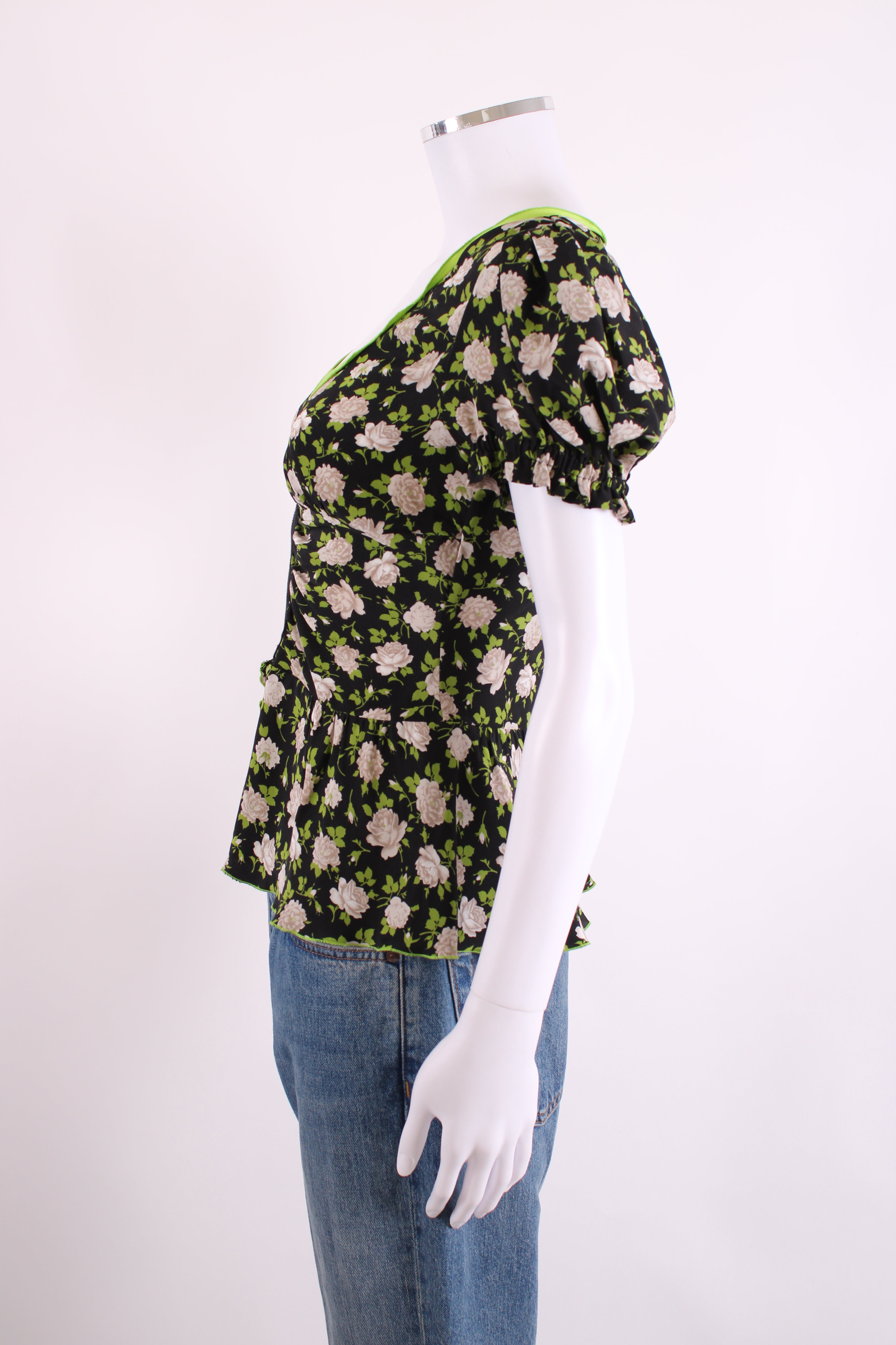 Dolce & Gabbana S/S Floral Half Zip Blouse Black/ Lime Green S