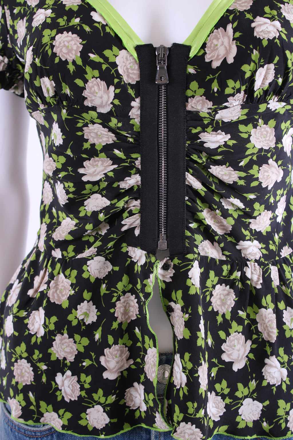 Dolce & Gabbana S/S Floral Half Zip Blouse Black/ Lime Green S