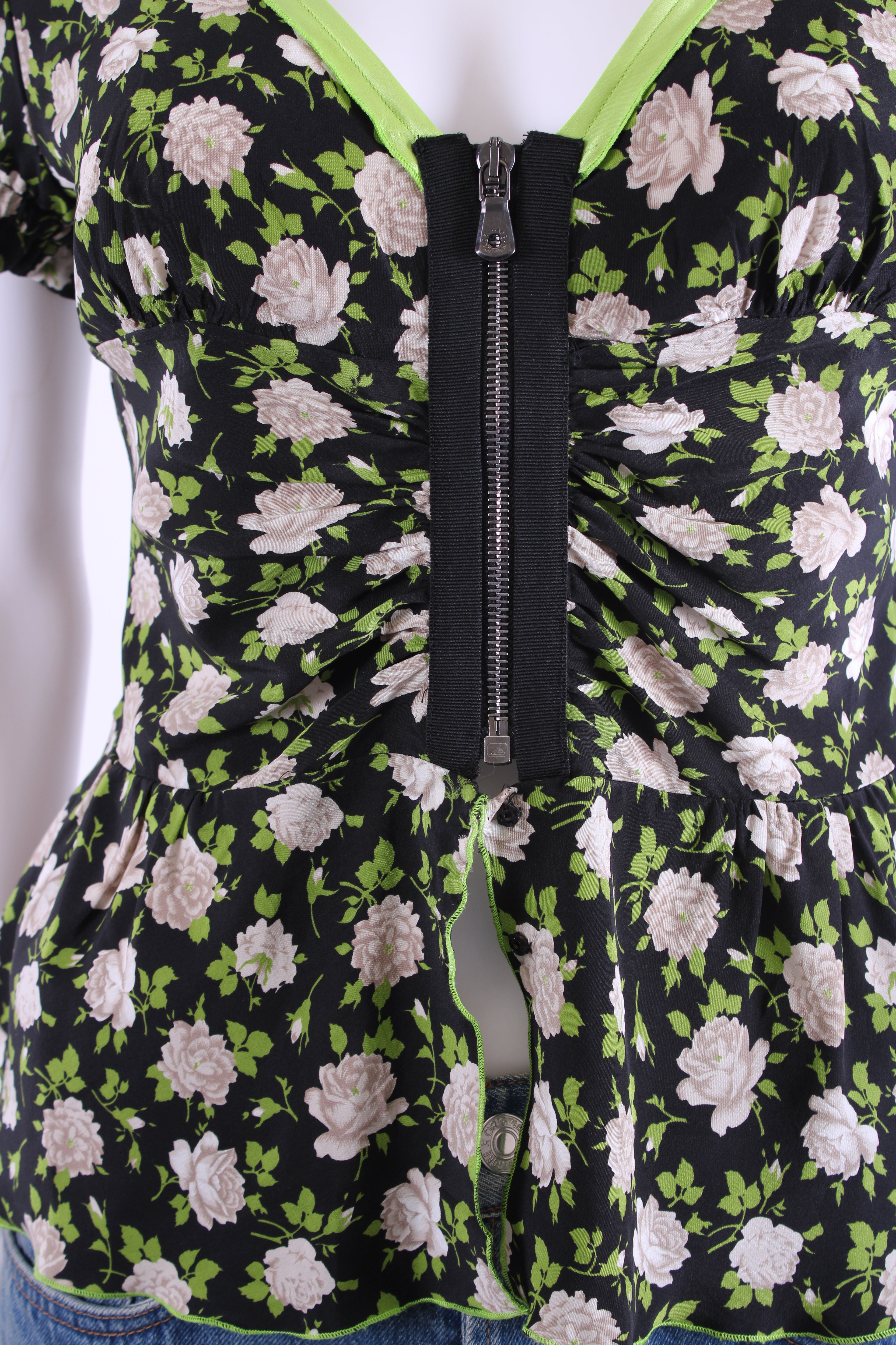 Dolce & Gabbana S/S Floral Half Zip Blouse Black/ Lime Green S