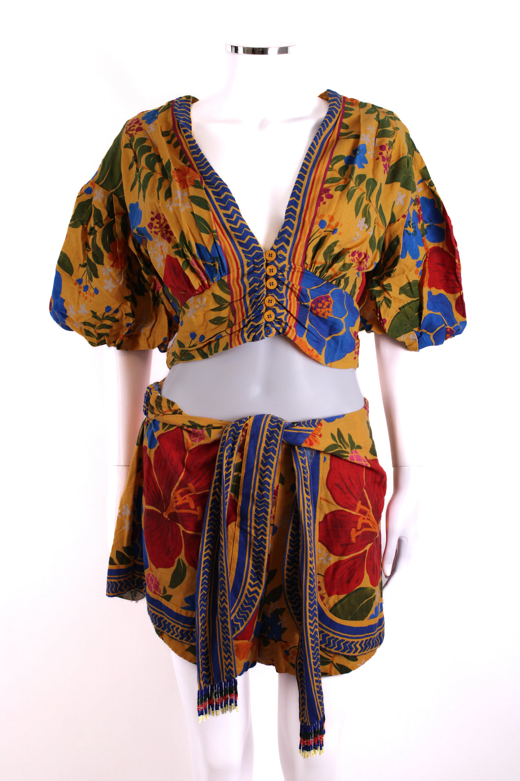 Farm Rio Floral Print Top/ Shorts Co-ord Yellow/ Blue S/M