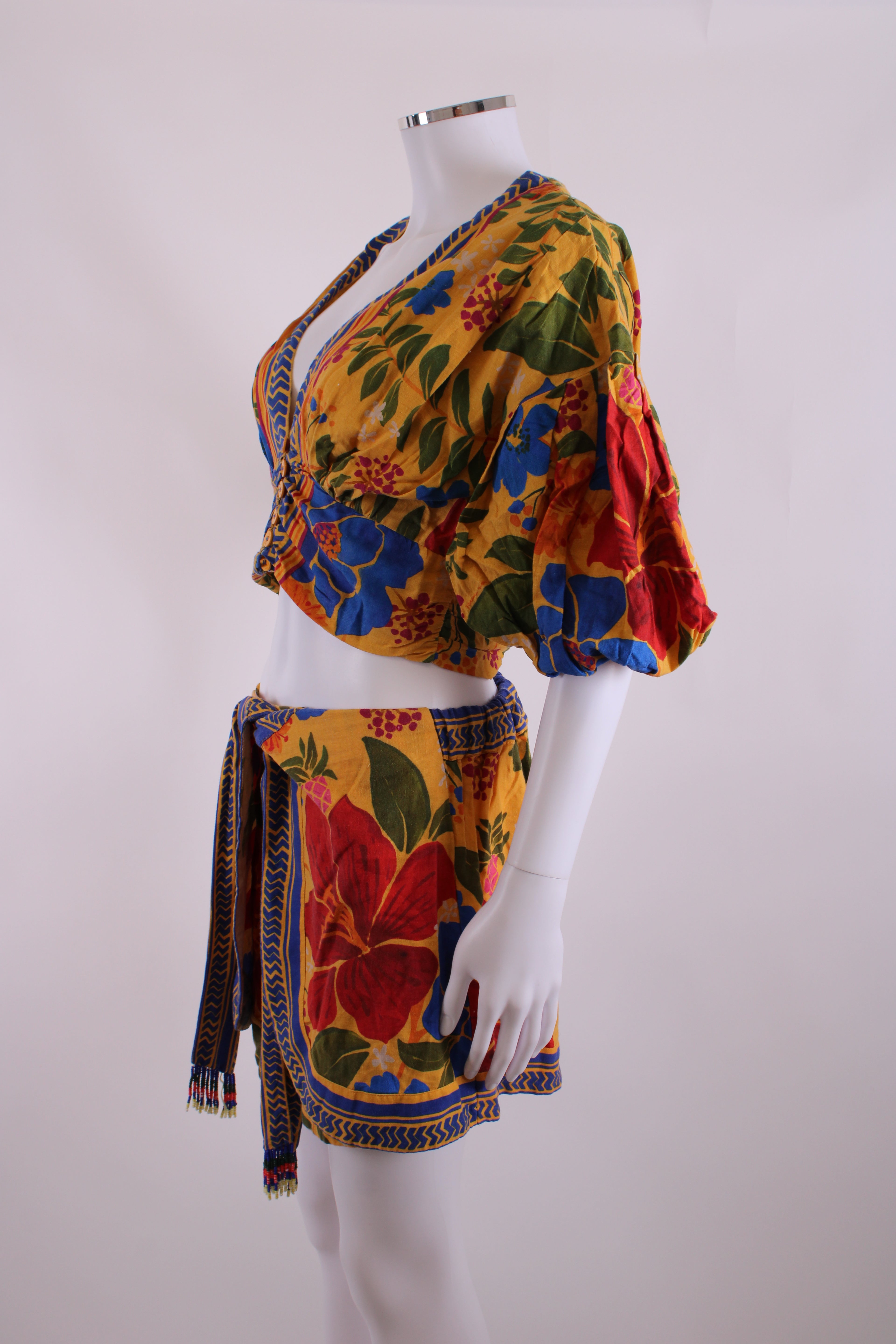 Farm Rio Floral Print Top/ Shorts Co-ord Yellow/ Blue S/M