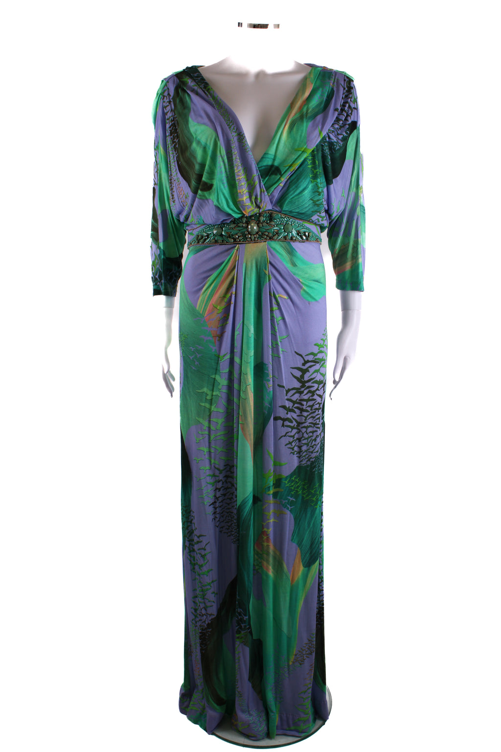 Matthew Williamson Escape S/S Bead Detail Bird Print Dress Green/ Lilac 12