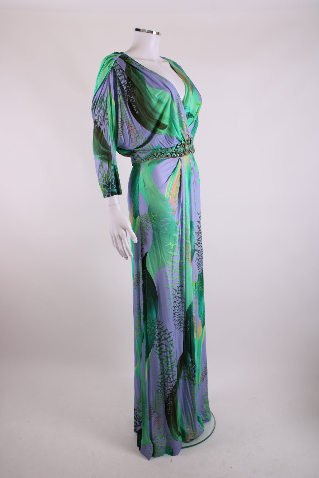 Matthew Williamson Escape S/S Bead Detail Bird Print Dress Green/ Lilac 12