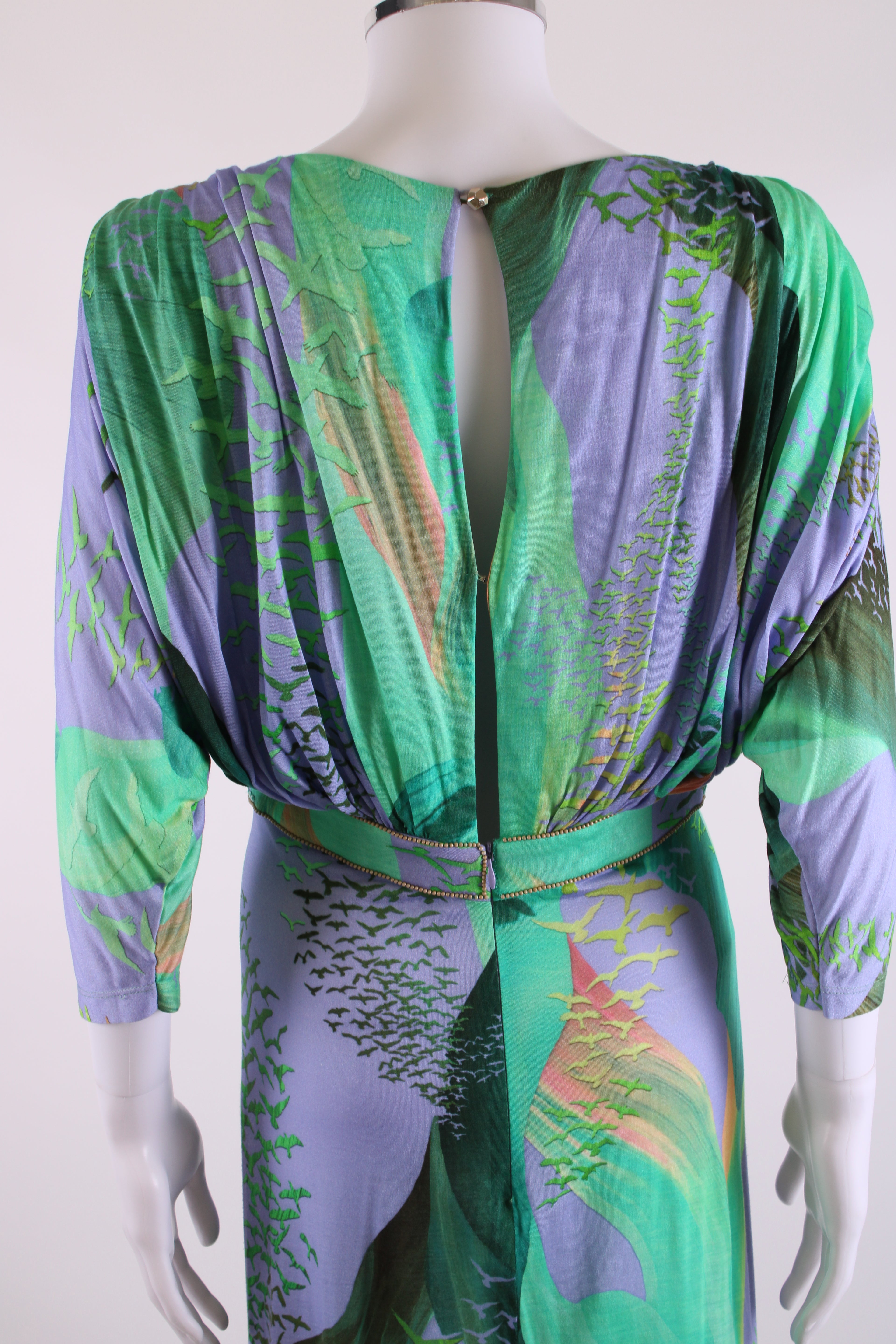 Matthew Williamson Escape S/S Bead Detail Bird Print Dress Green/ Lilac 12