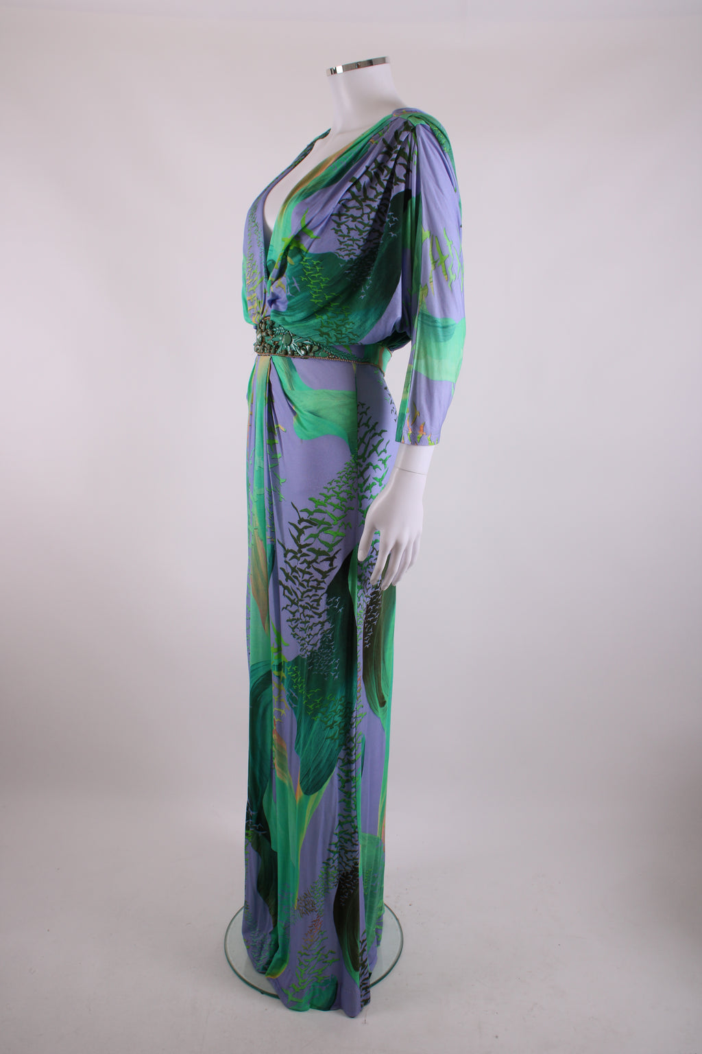 Matthew Williamson Escape S/S Bead Detail Bird Print Dress Green/ Lilac 12