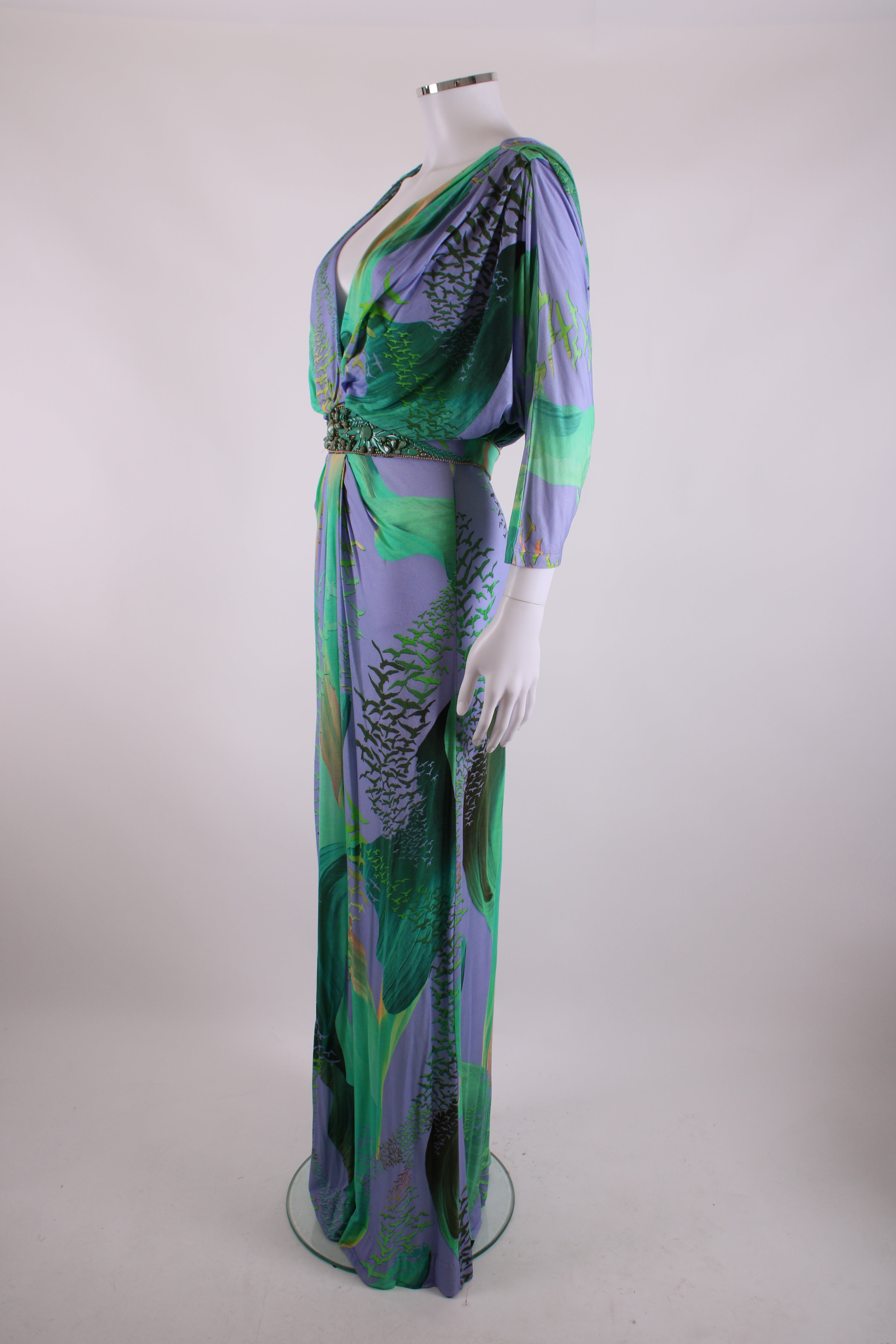 Matthew Williamson Escape S/S Bead Detail Bird Print Dress Green/ Lilac 12