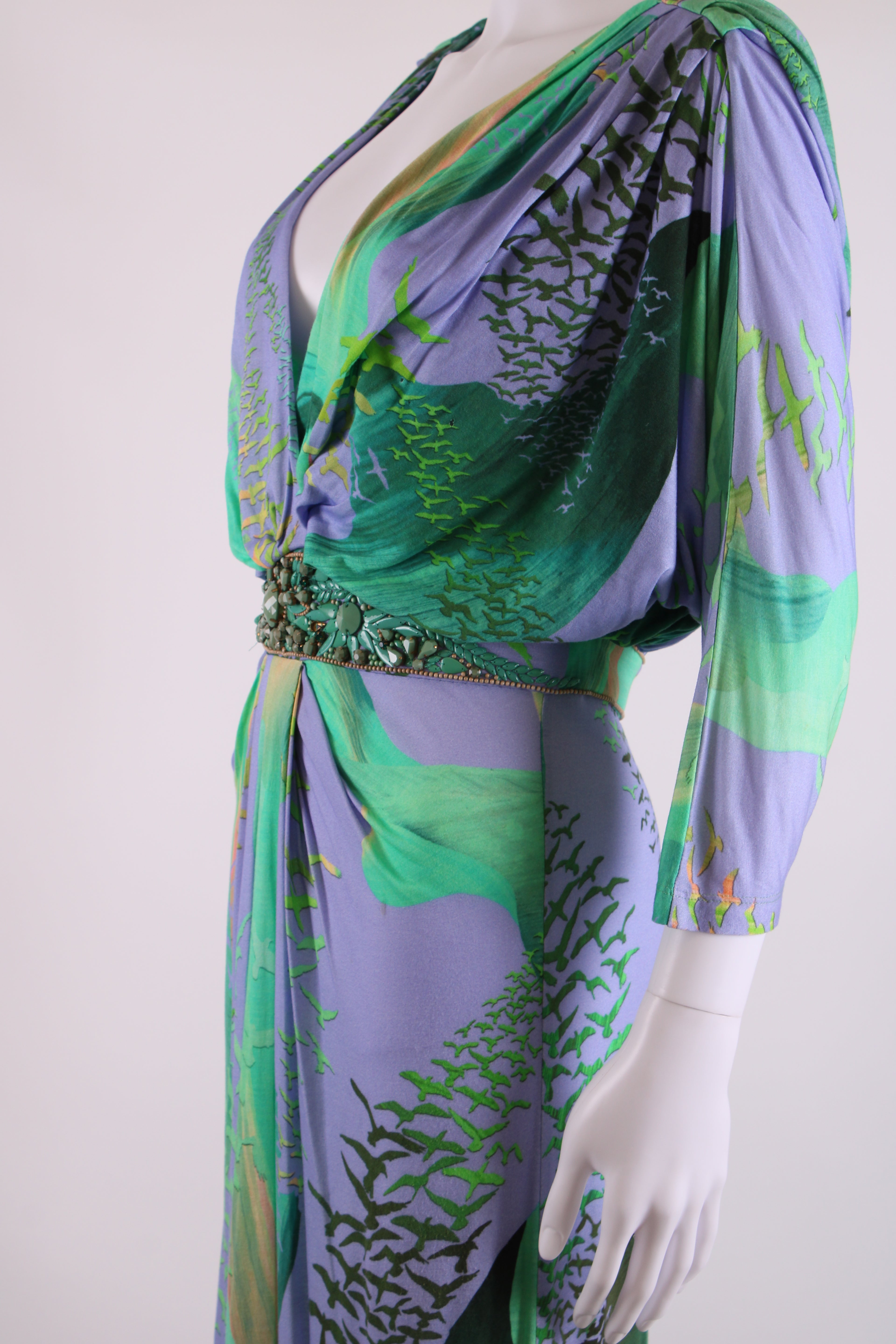 Matthew Williamson Escape S/S Bead Detail Bird Print Dress Green/ Lilac 12