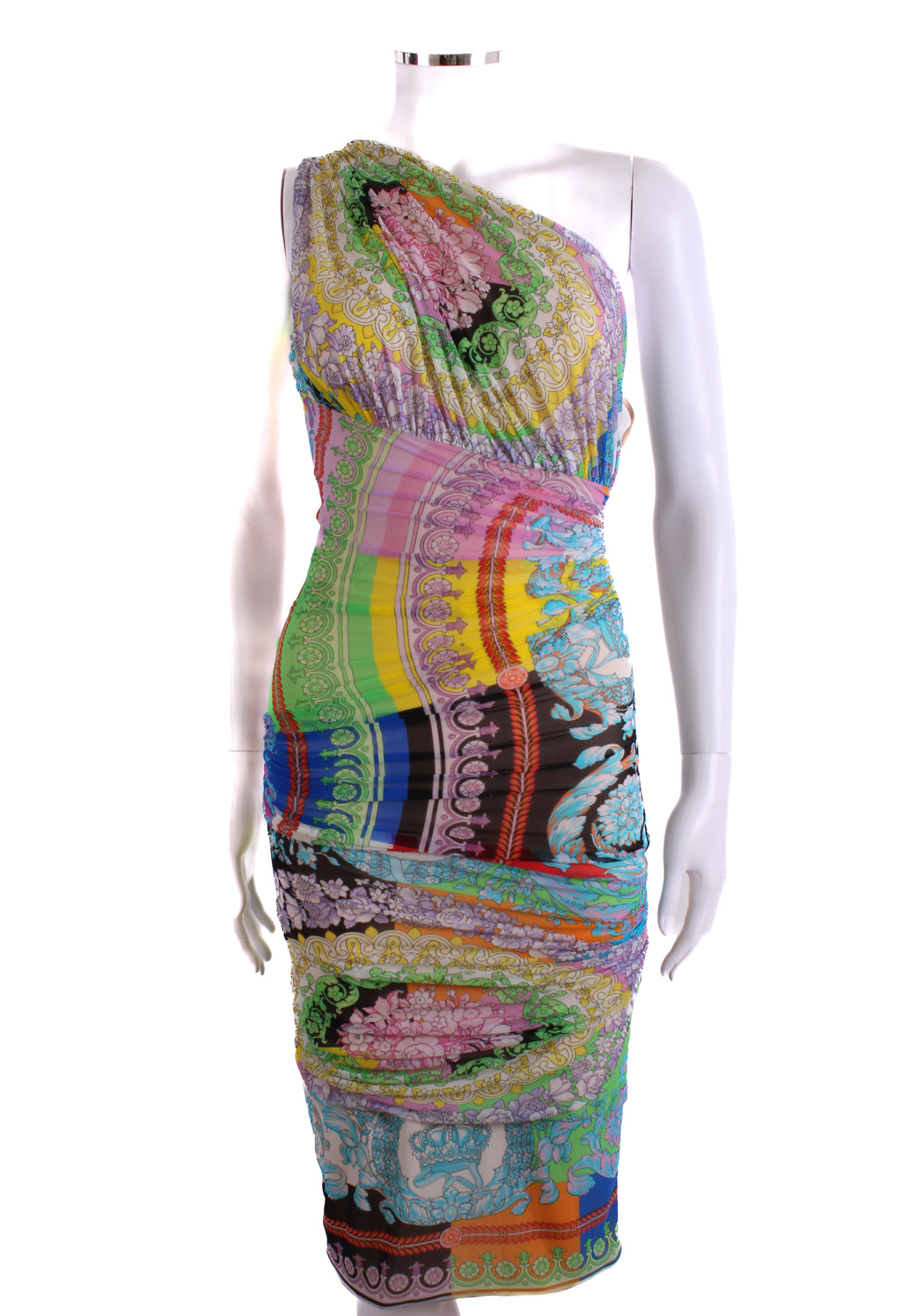 Versace Print One Shoulder Ruche Mini Dress Multi 38