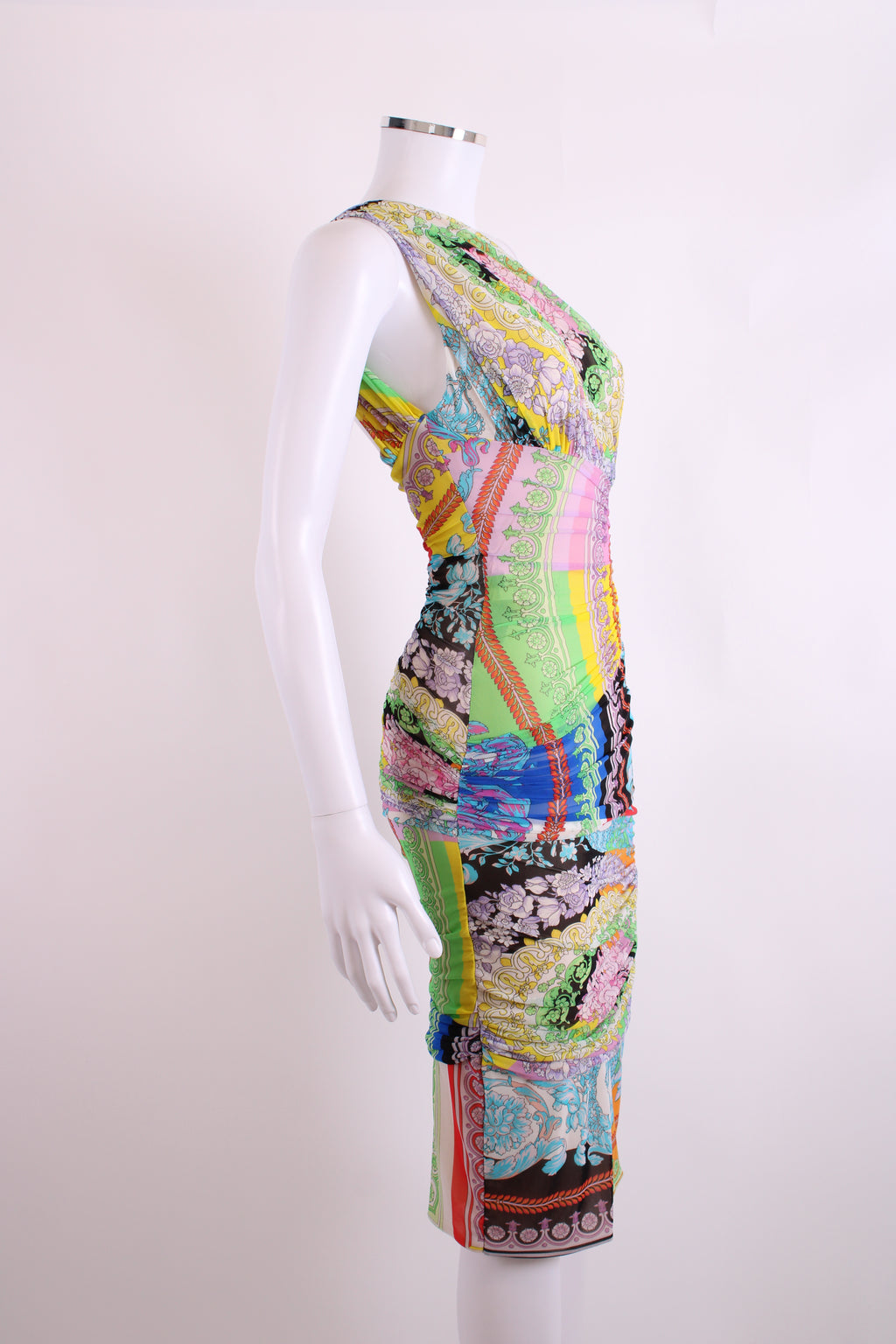 Versace Print One Shoulder Ruche Mini Dress Multi 38