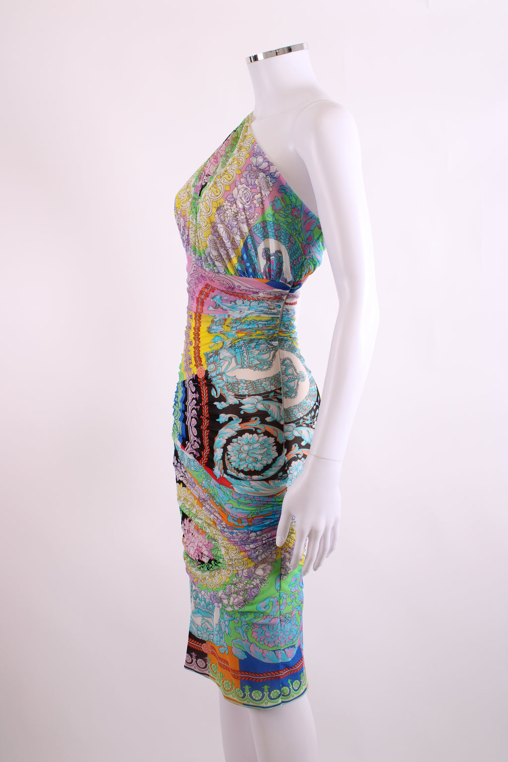 Versace Print One Shoulder Ruche Mini Dress Multi 38
