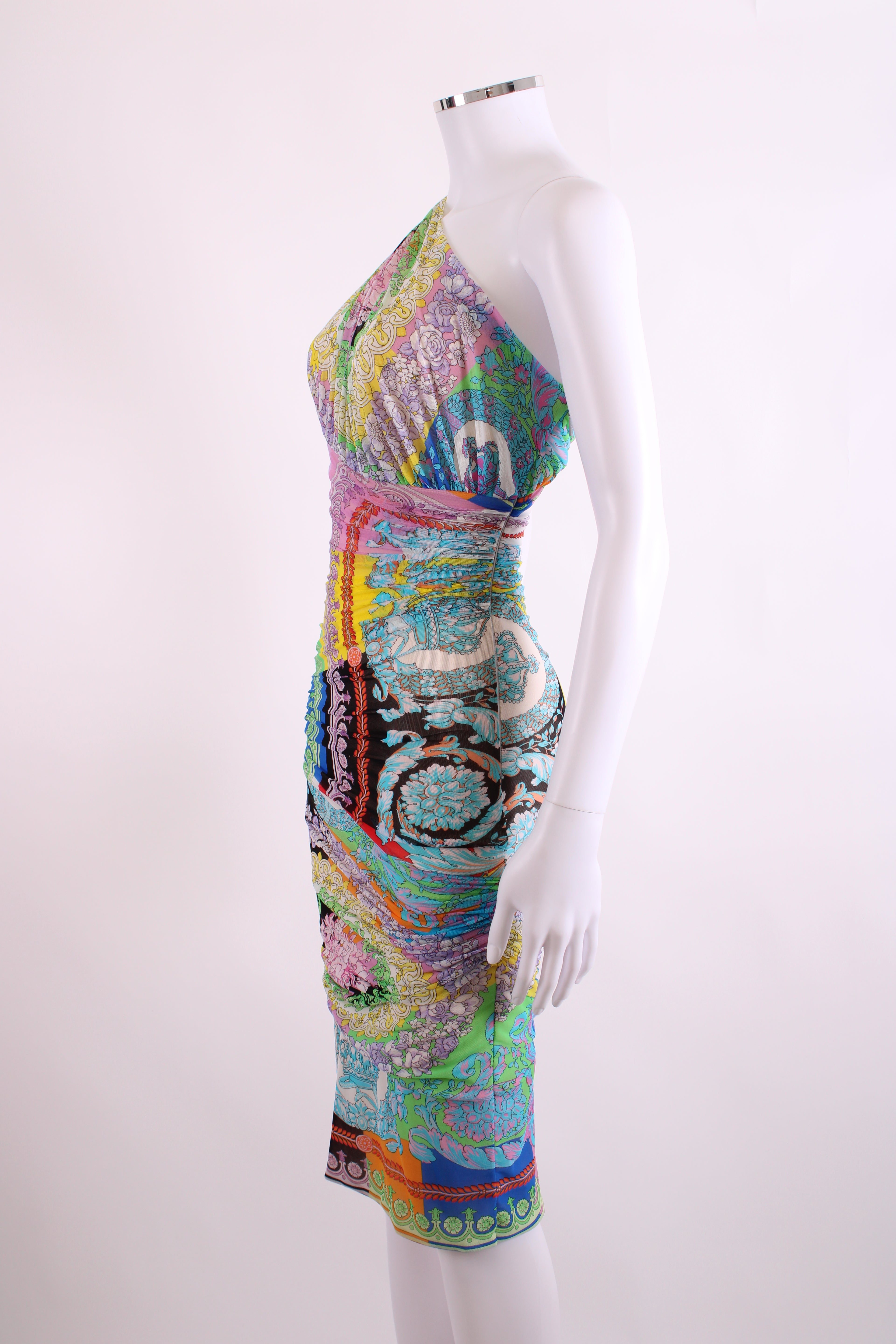 Versace Print One Shoulder Ruche Mini Dress Multi 38