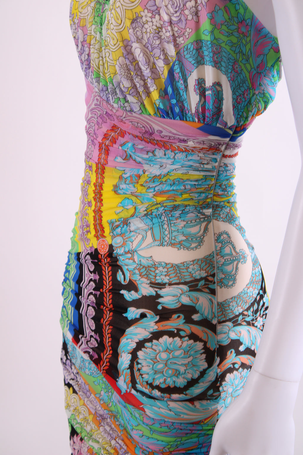 Versace Print One Shoulder Ruche Mini Dress Multi 38