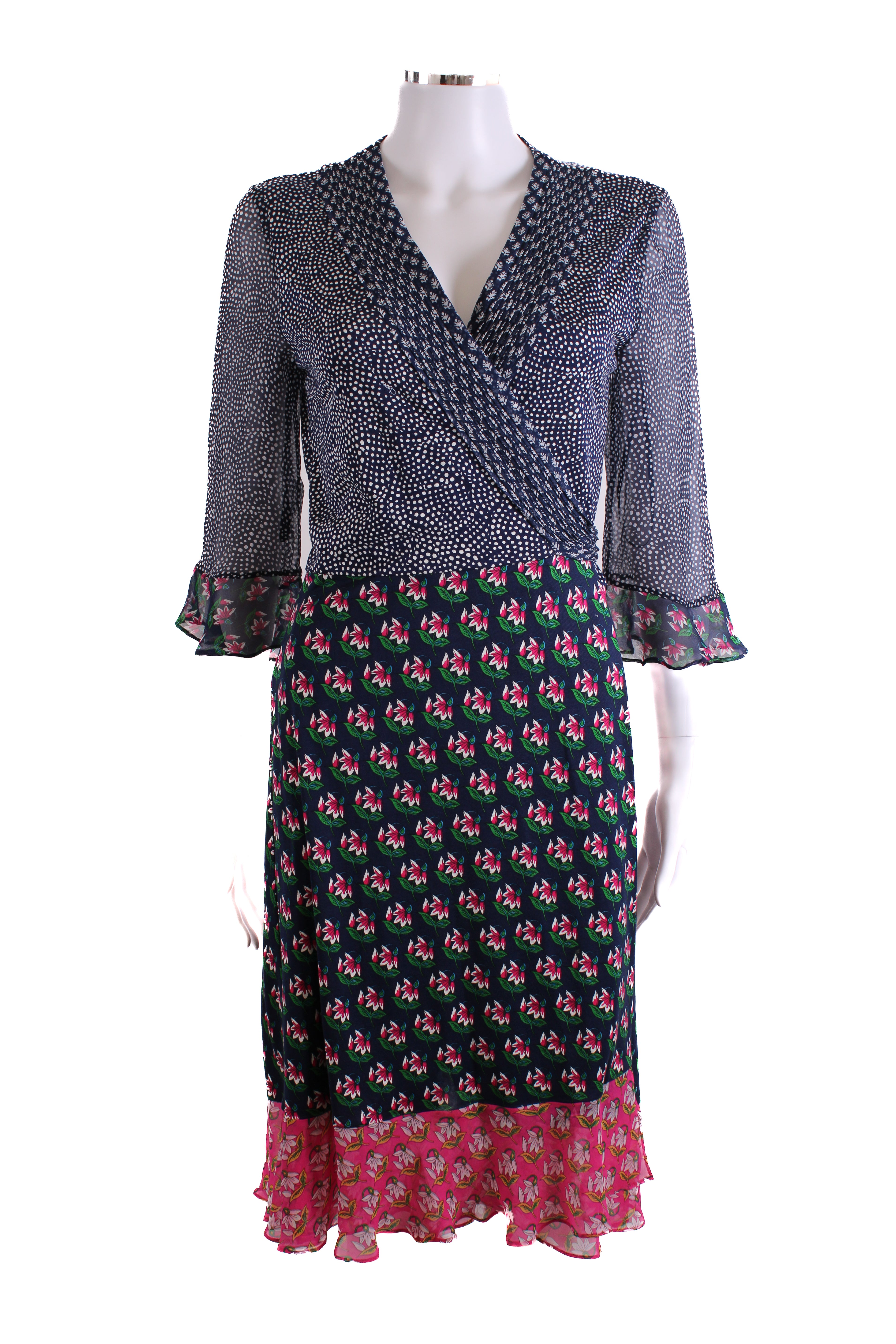 Diane Von Furstenberg S/S Dot/ Flower Print Wrap Dress Navy/ White 14