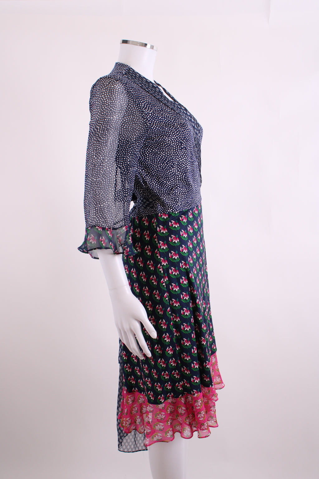 Diane Von Furstenberg S/S Dot/ Flower Print Wrap Dress Navy/ White 14