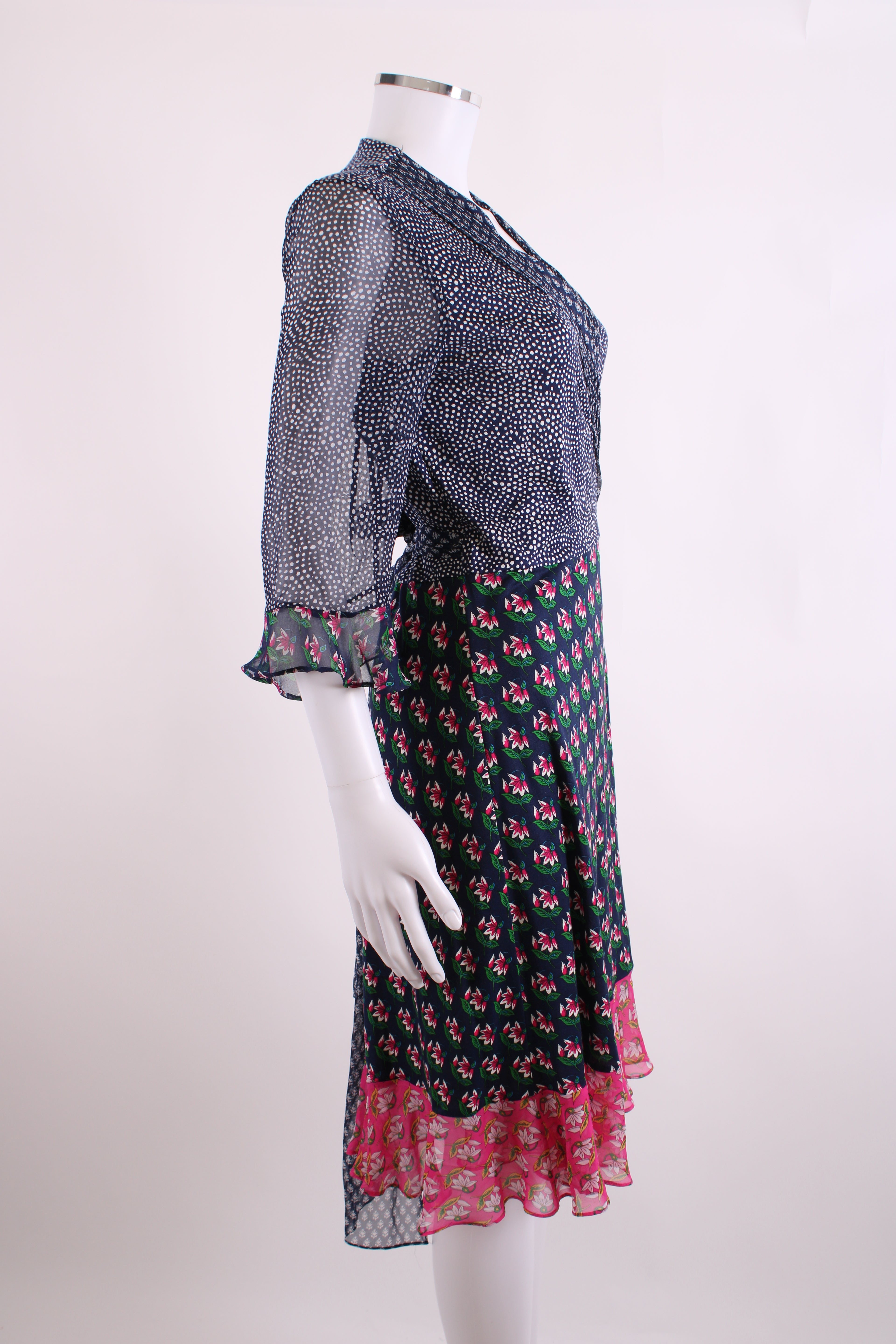 Diane Von Furstenberg S/S Dot/ Flower Print Wrap Dress Navy/ White 14